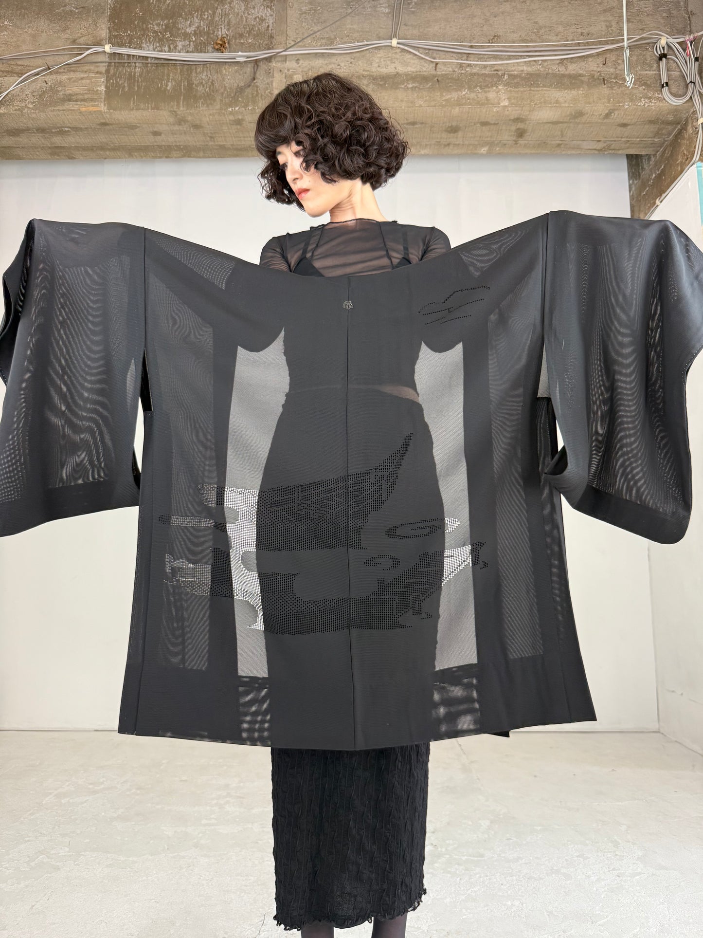 VINTAGE BLACK HAORI SHEER “ro, funade, kamon-tsuta"