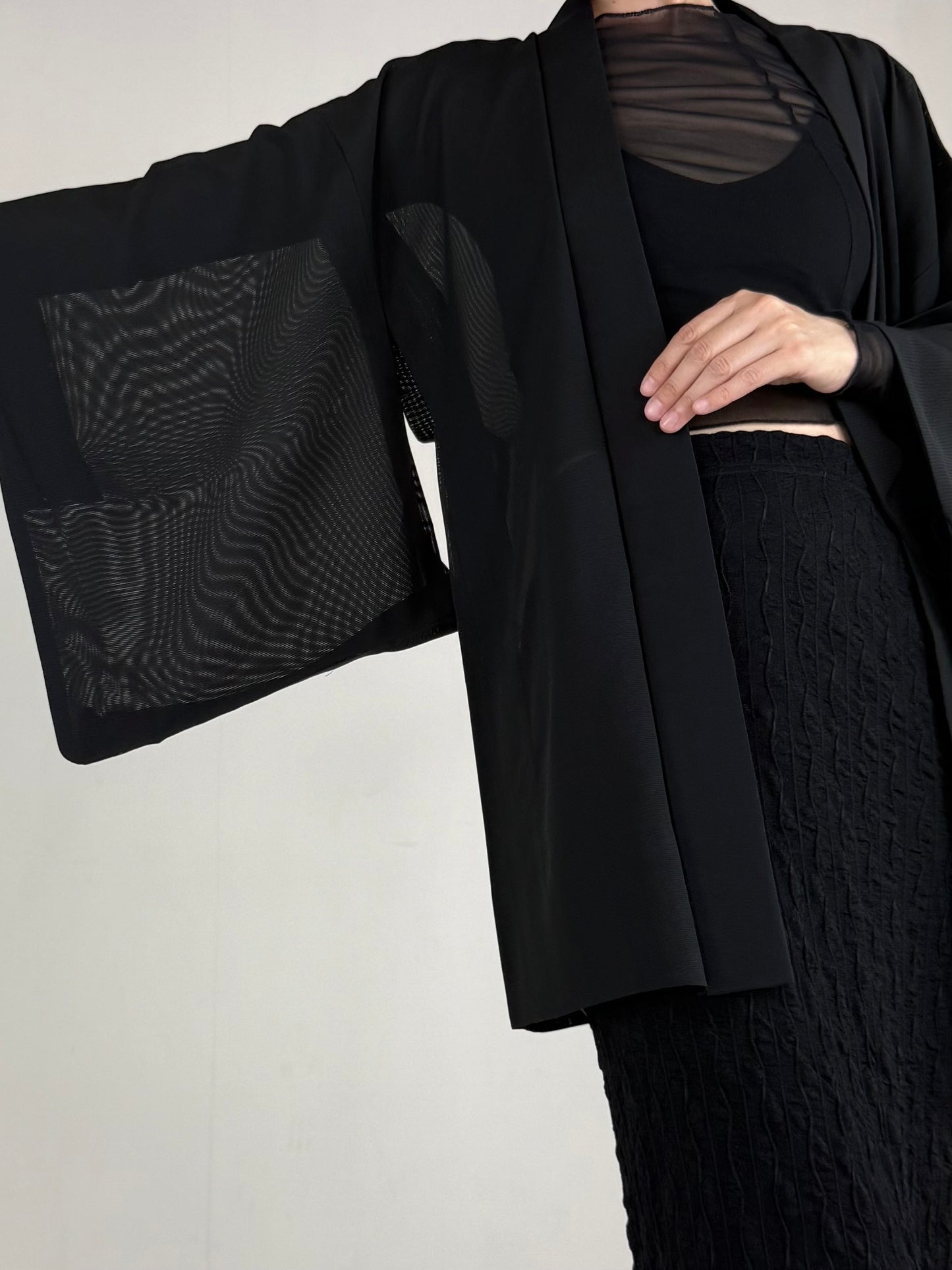 VINTAGE BLACK HAORI SHEER “ro, sukashi-sasa"