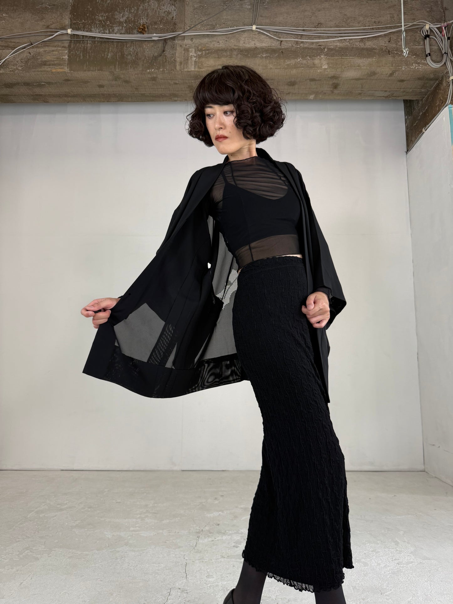 VINTAGE BLACK HAORI SHEER “ro, sukashi-sasa"