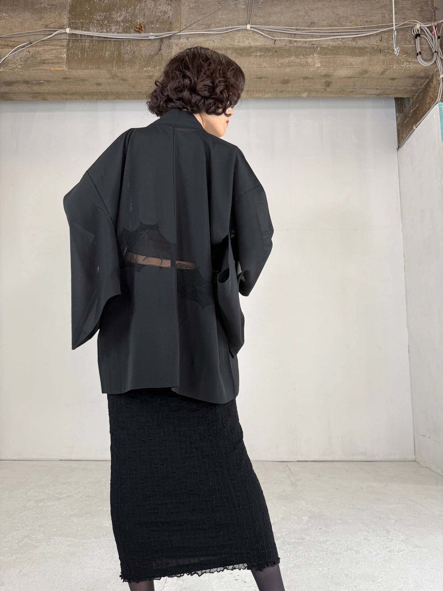 VINTAGE BLACK HAORI SHEER “ro, sukashi-sasa"