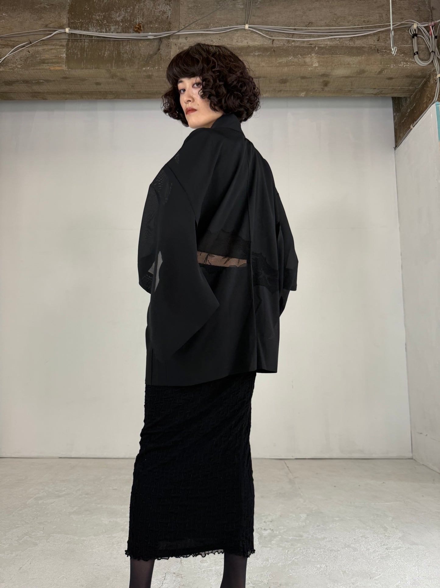 VINTAGE BLACK HAORI SHEER “ro, sukashi-sasa"