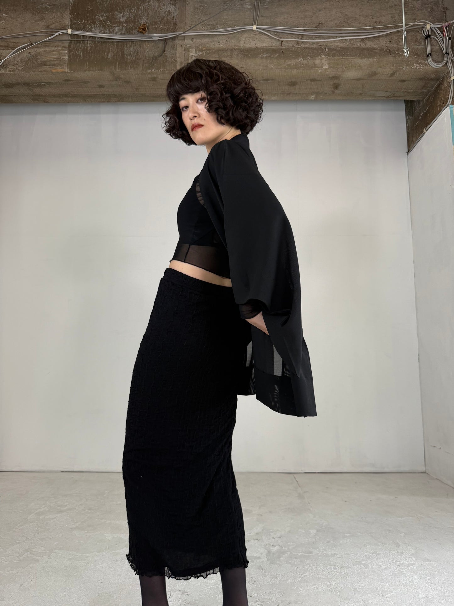 VINTAGE BLACK HAORI SHEER “ro, sukashi-sasa"