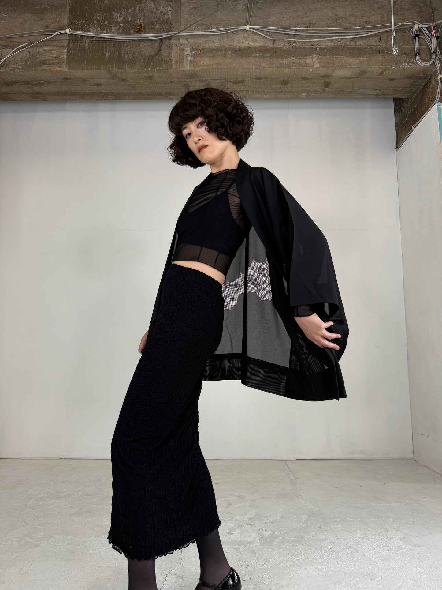 VINTAGE BLACK HAORI SHEER “ro, sukashi-sasa"