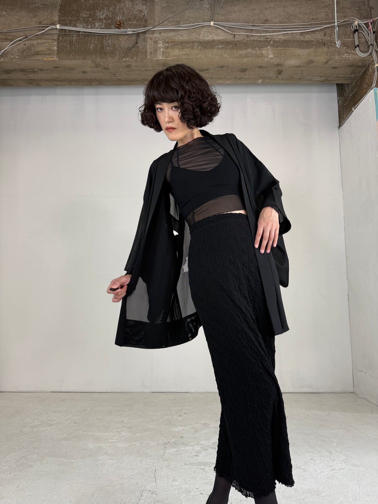 VINTAGE BLACK HAORI SHEER “ro, sukashi-sasa"