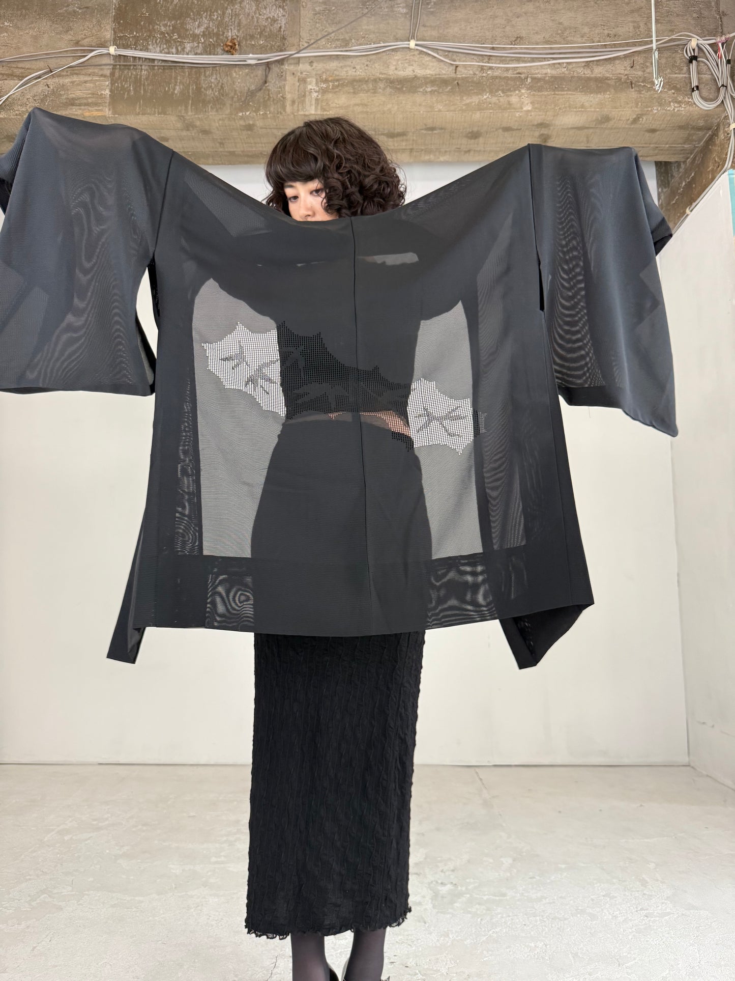 VINTAGE BLACK HAORI SHEER “ro, sukashi-sasa"