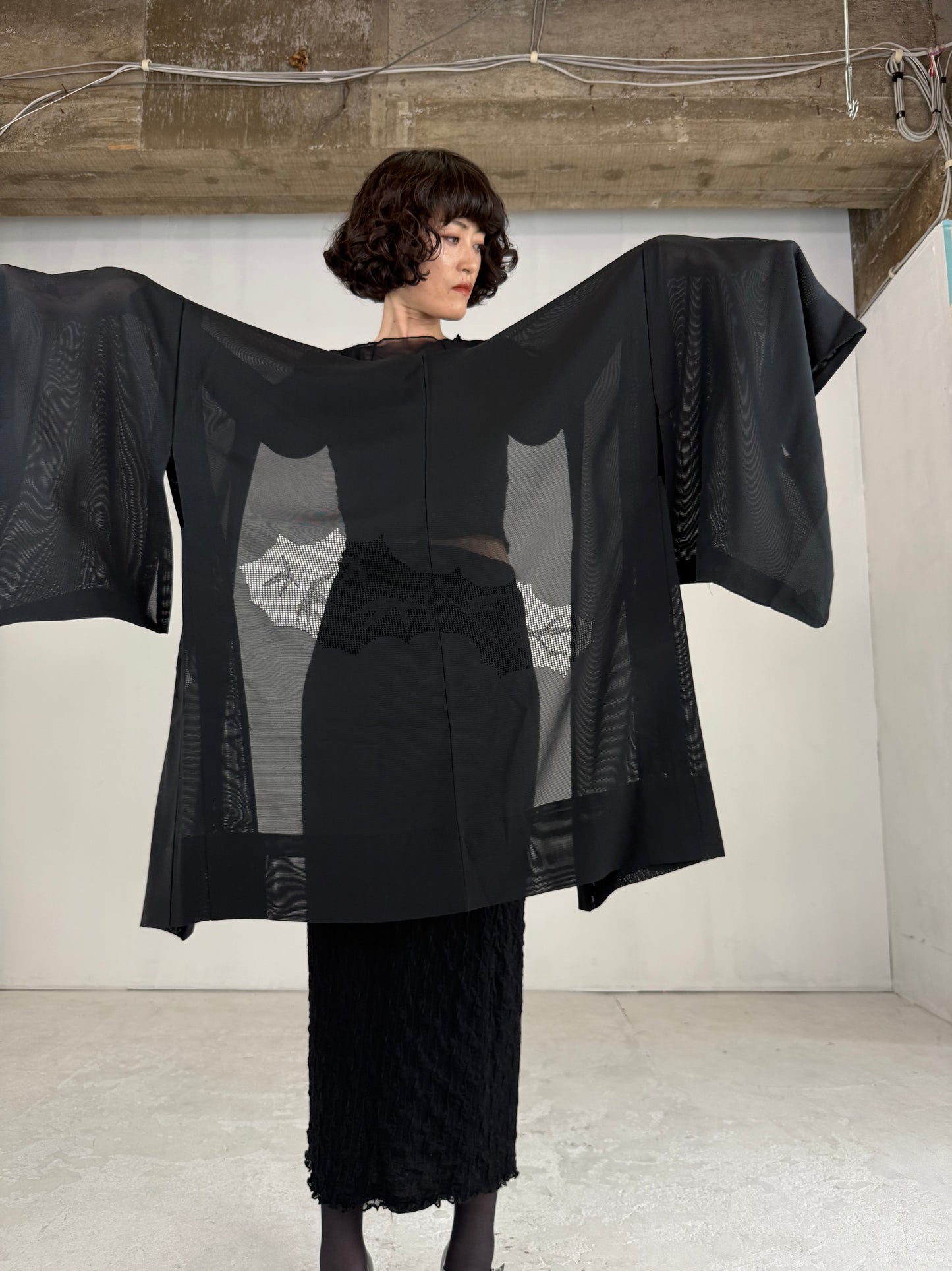 VINTAGE BLACK HAORI SHEER “ro, sukashi-sasa"