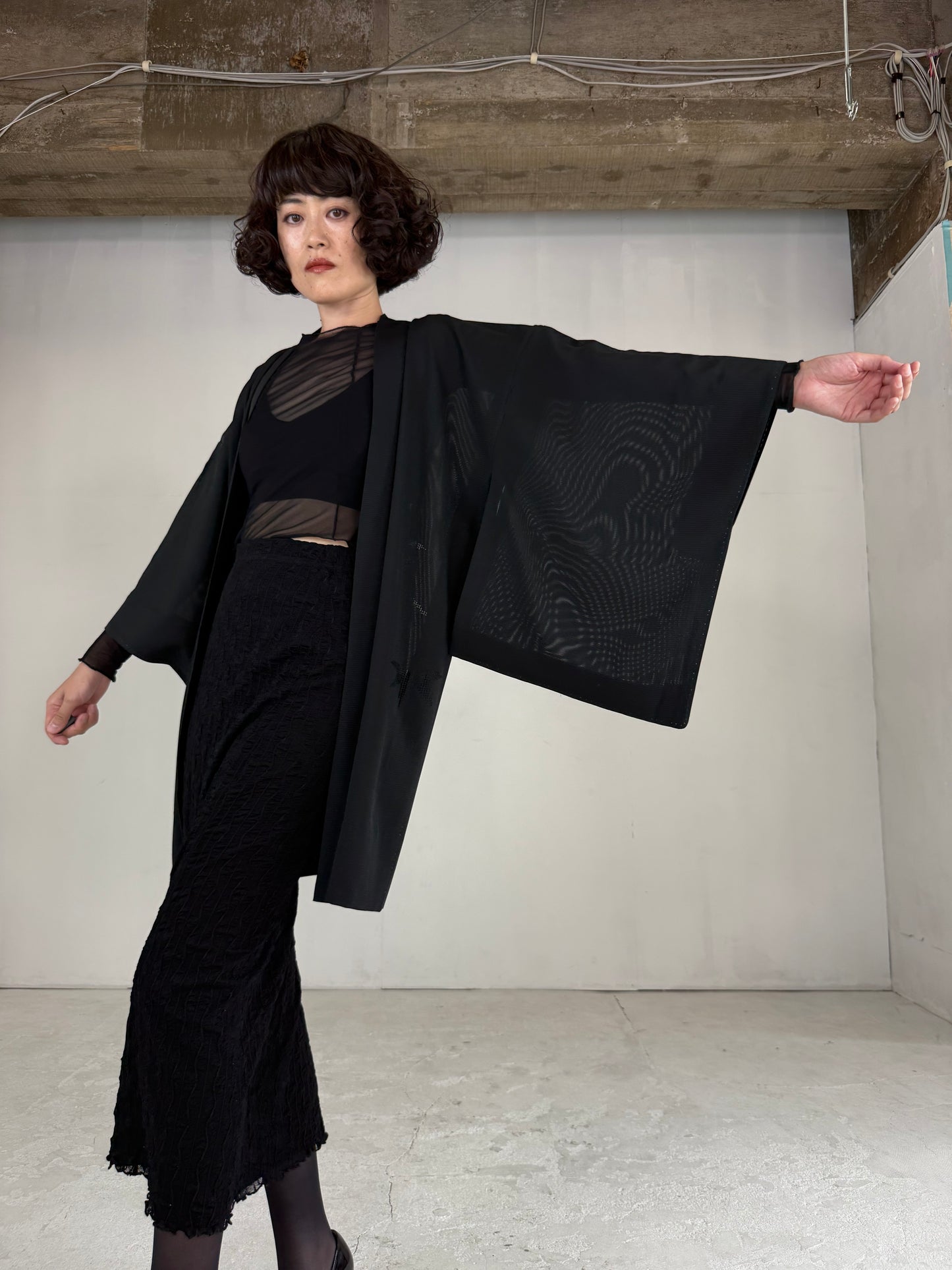 VINTAGE BLACK HAORI SHEER “ro, bamboo-nobiyakani"