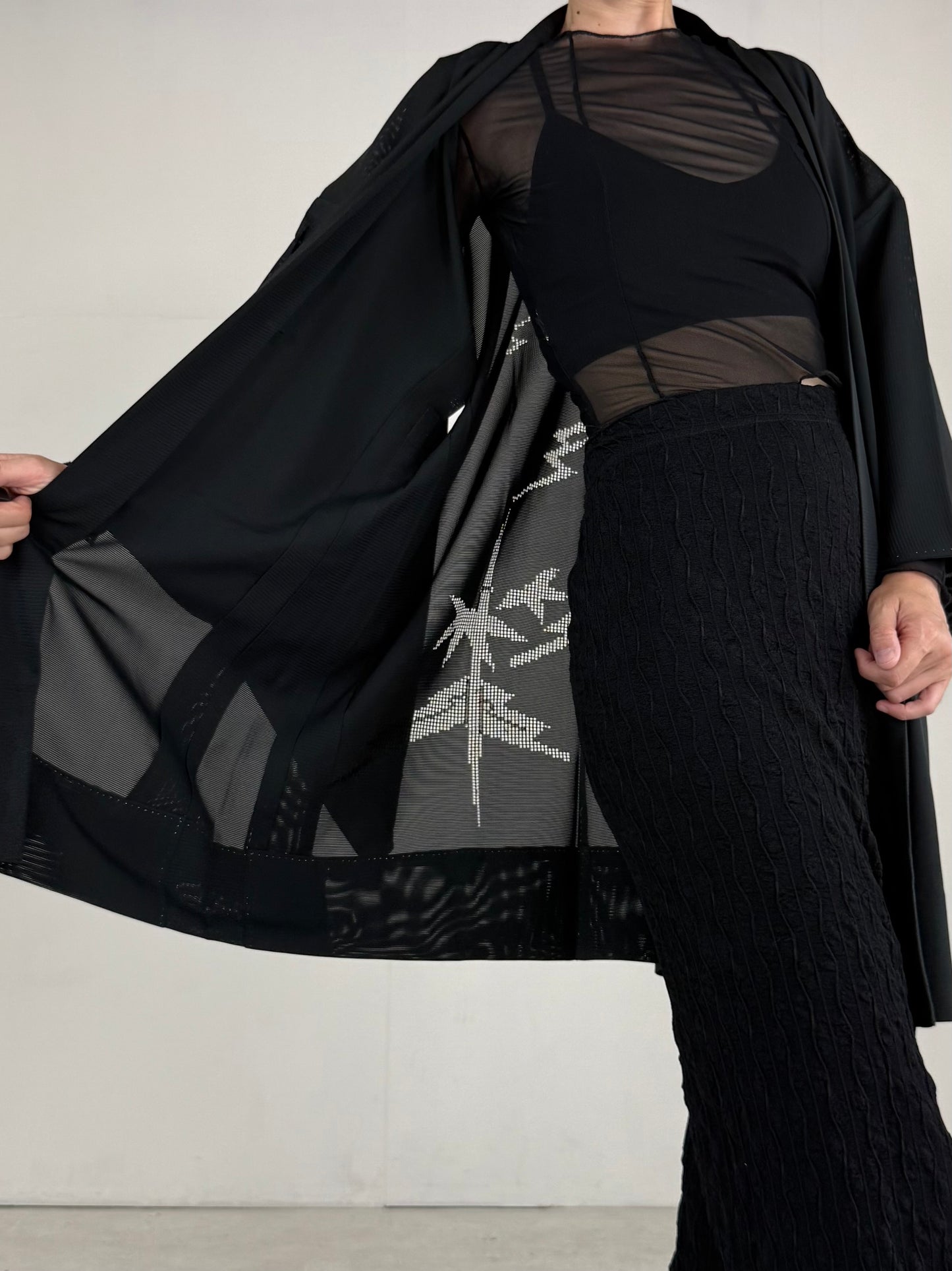 VINTAGE BLACK HAORI SHEER “ro, bamboo-nobiyakani"