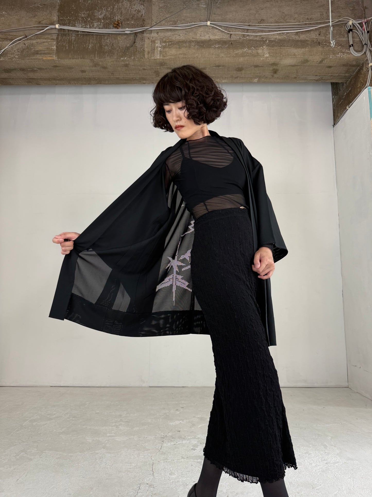 VINTAGE BLACK HAORI SHEER “ro, bamboo-nobiyakani"