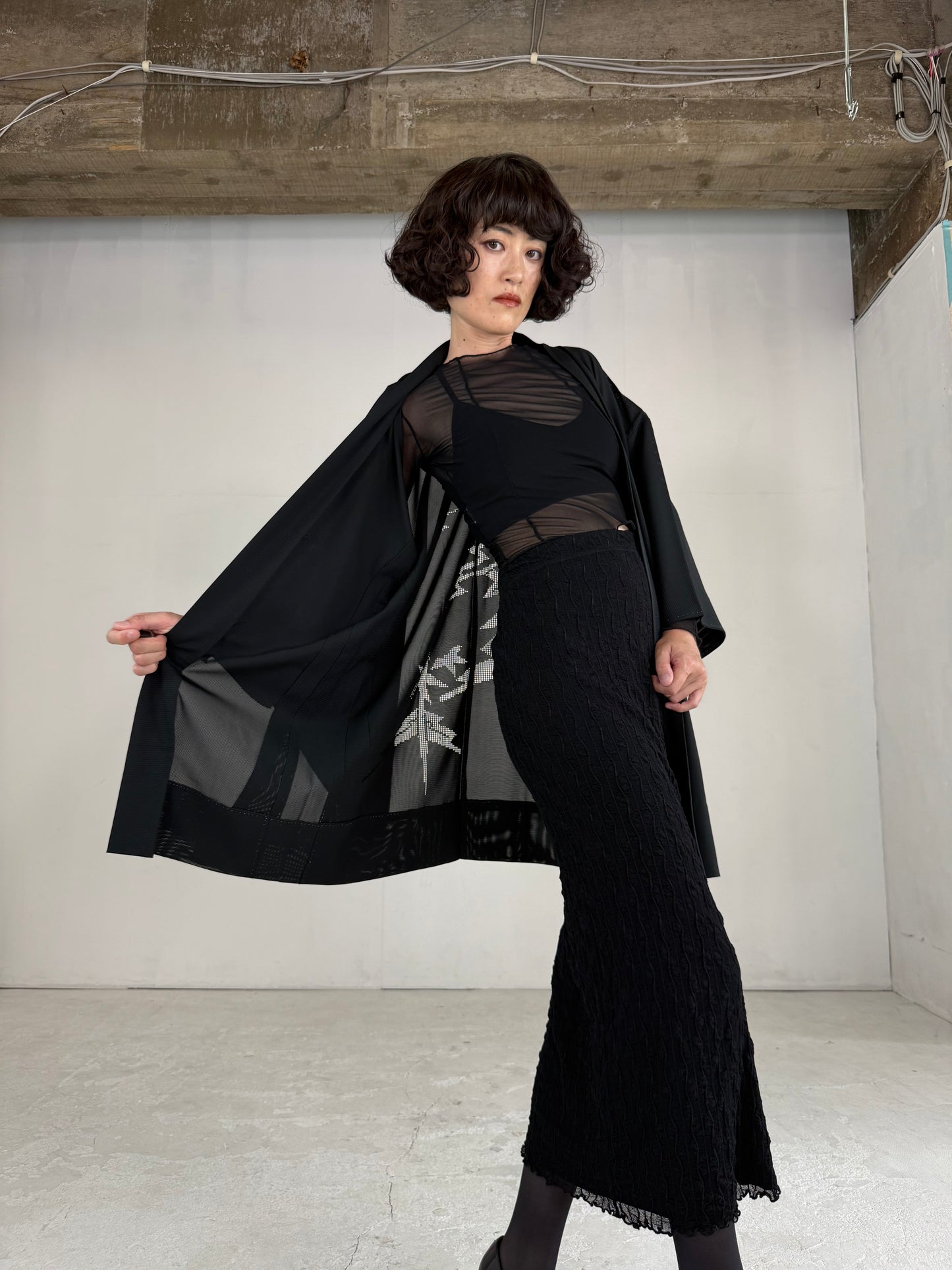 VINTAGE BLACK HAORI SHEER “ro, bamboo-nobiyakani"