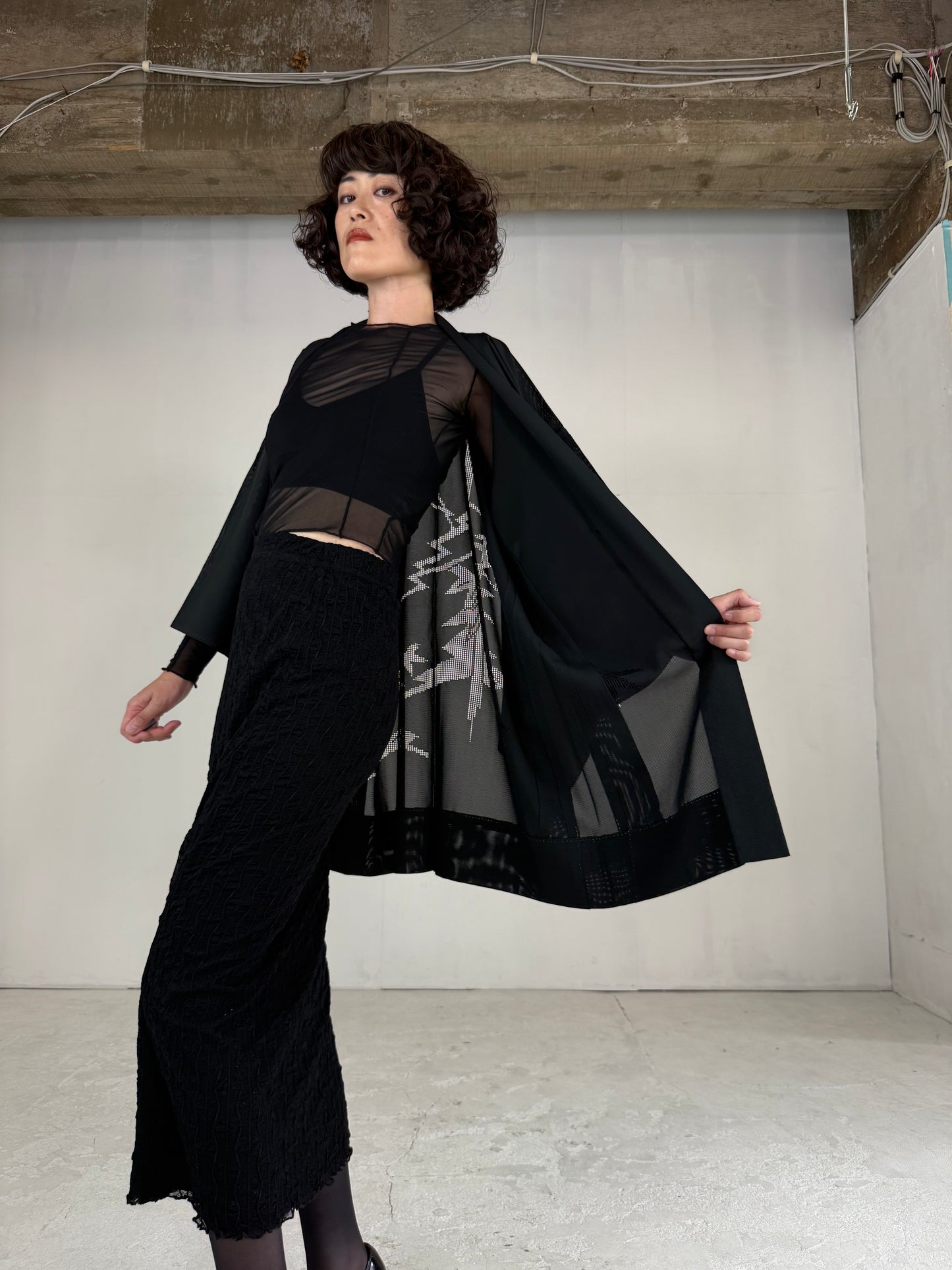 VINTAGE BLACK HAORI SHEER “ro, bamboo-nobiyakani"