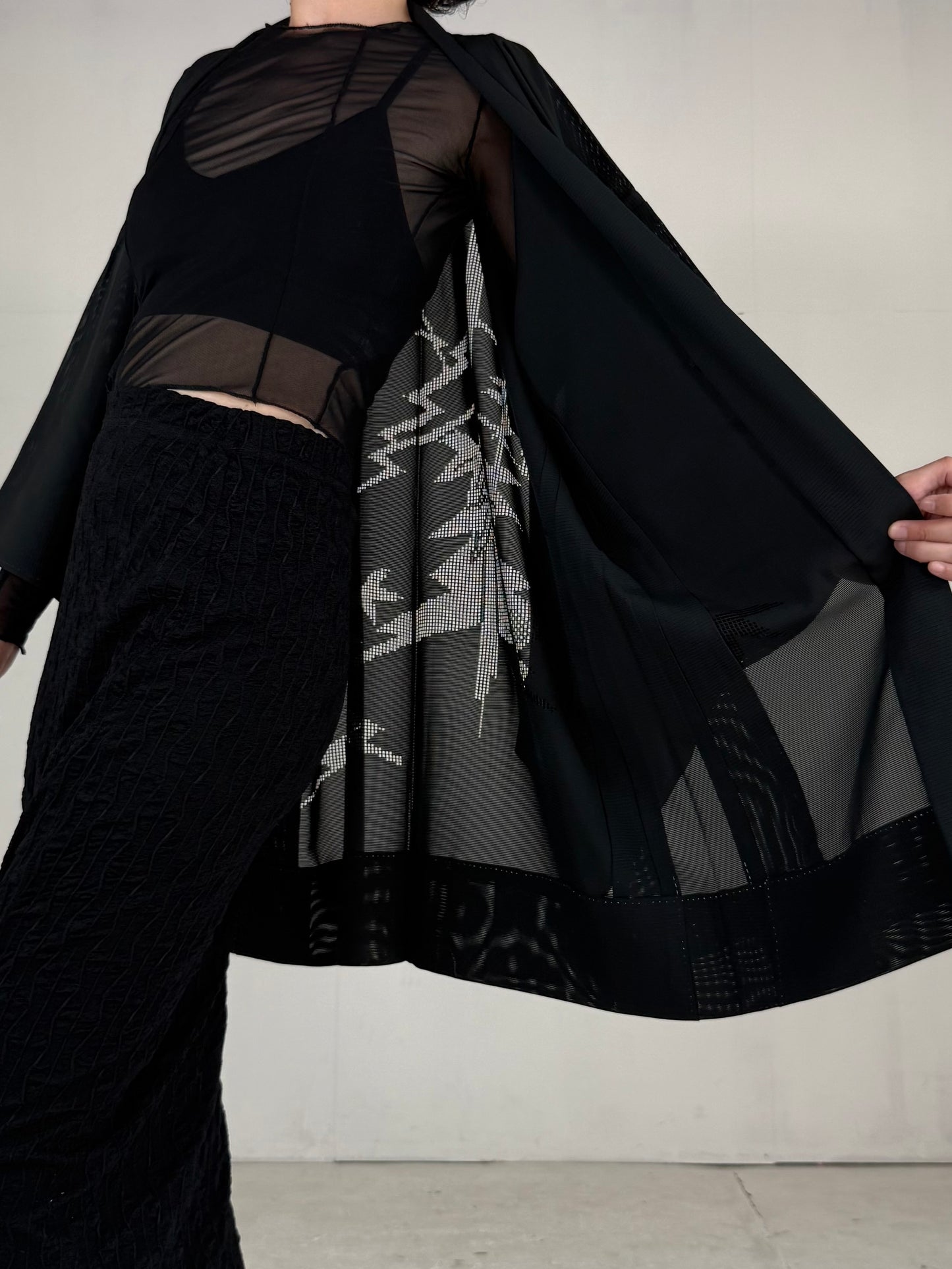 VINTAGE BLACK HAORI SHEER “ro, bamboo-nobiyakani"