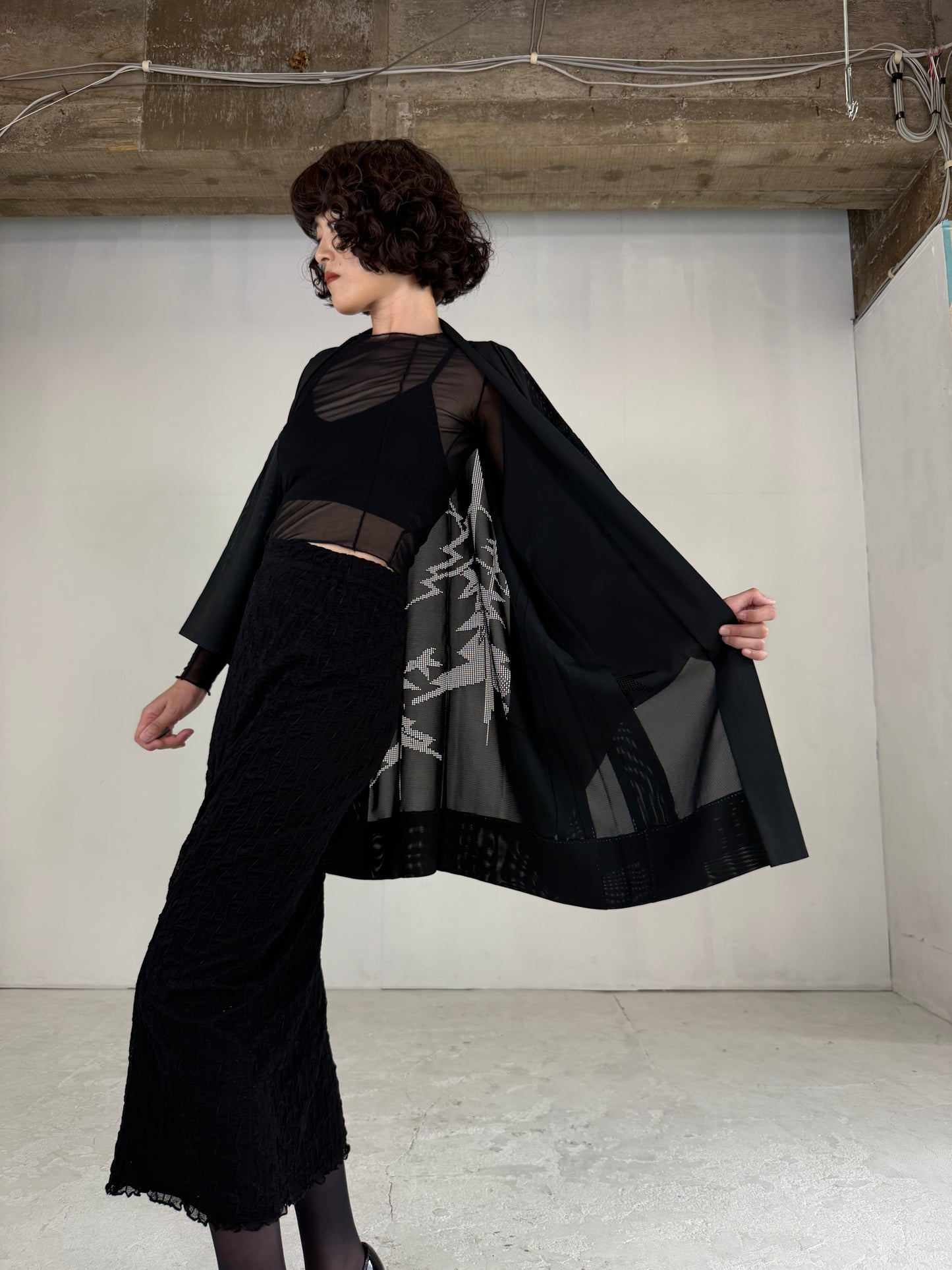 VINTAGE BLACK HAORI SHEER “ro, bamboo-nobiyakani"