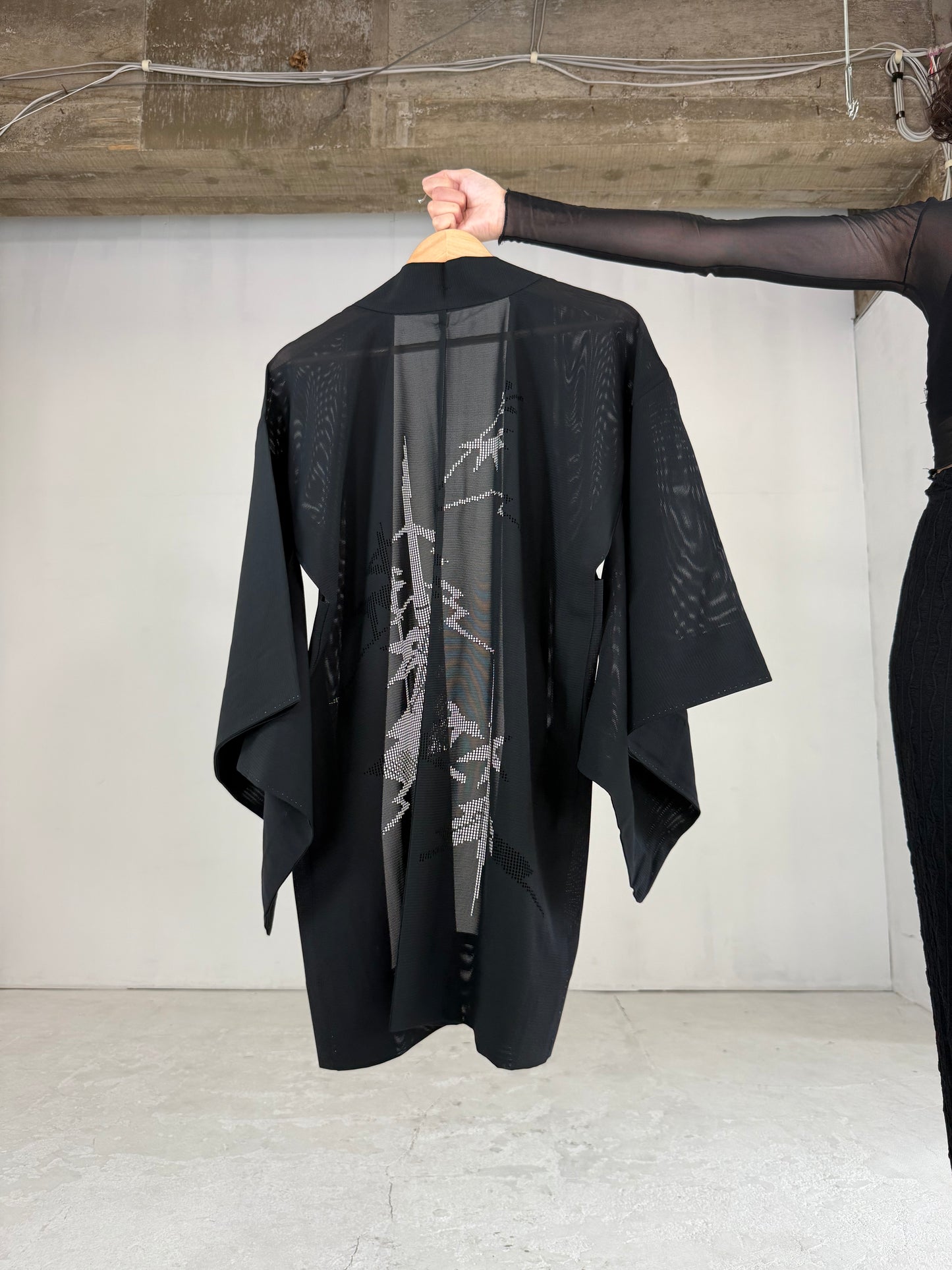 VINTAGE BLACK HAORI SHEER “ro, bamboo-nobiyakani"