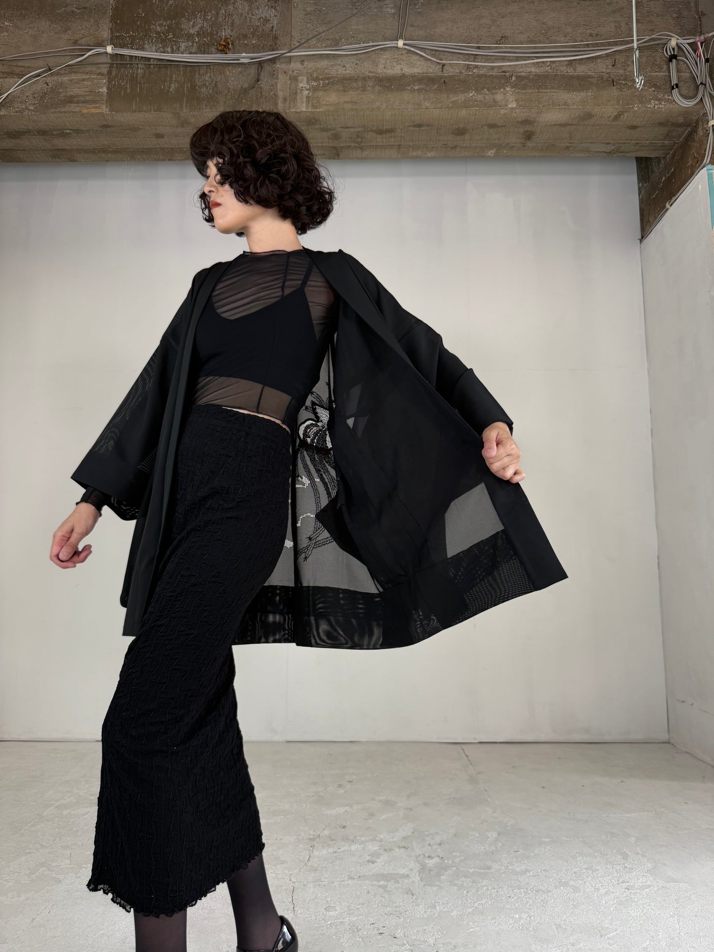 VINTAGE BLACK HAORI SHEER “ro, lace, kujaku"