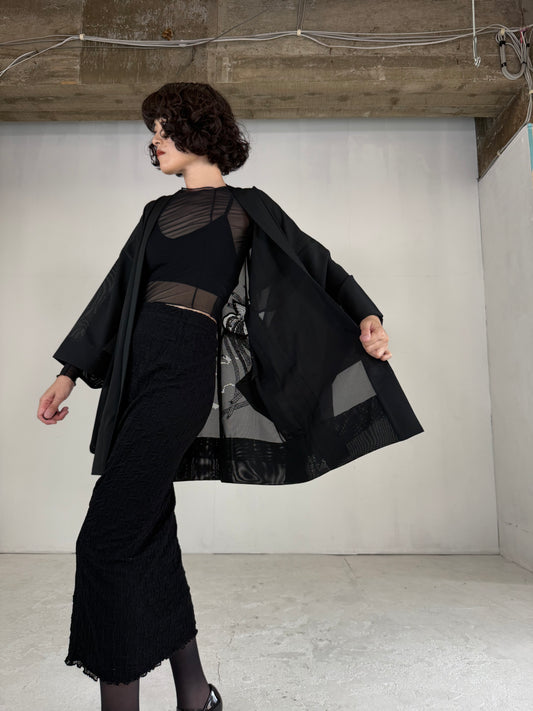 VINTAGE BLACK HAORI SHEER “ro, lace, kujaku"