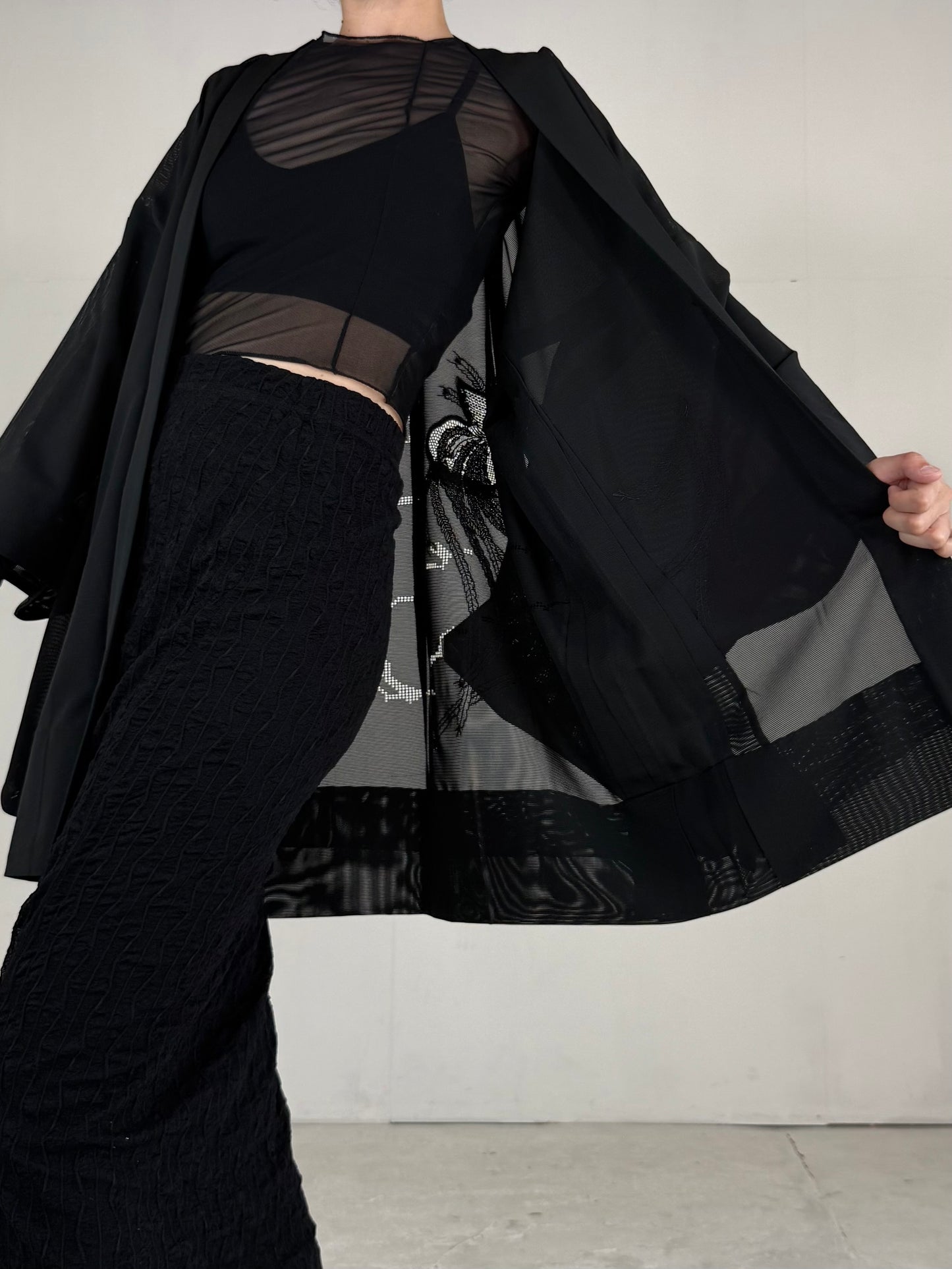 VINTAGE BLACK HAORI SHEER “ro, lace, kujaku"