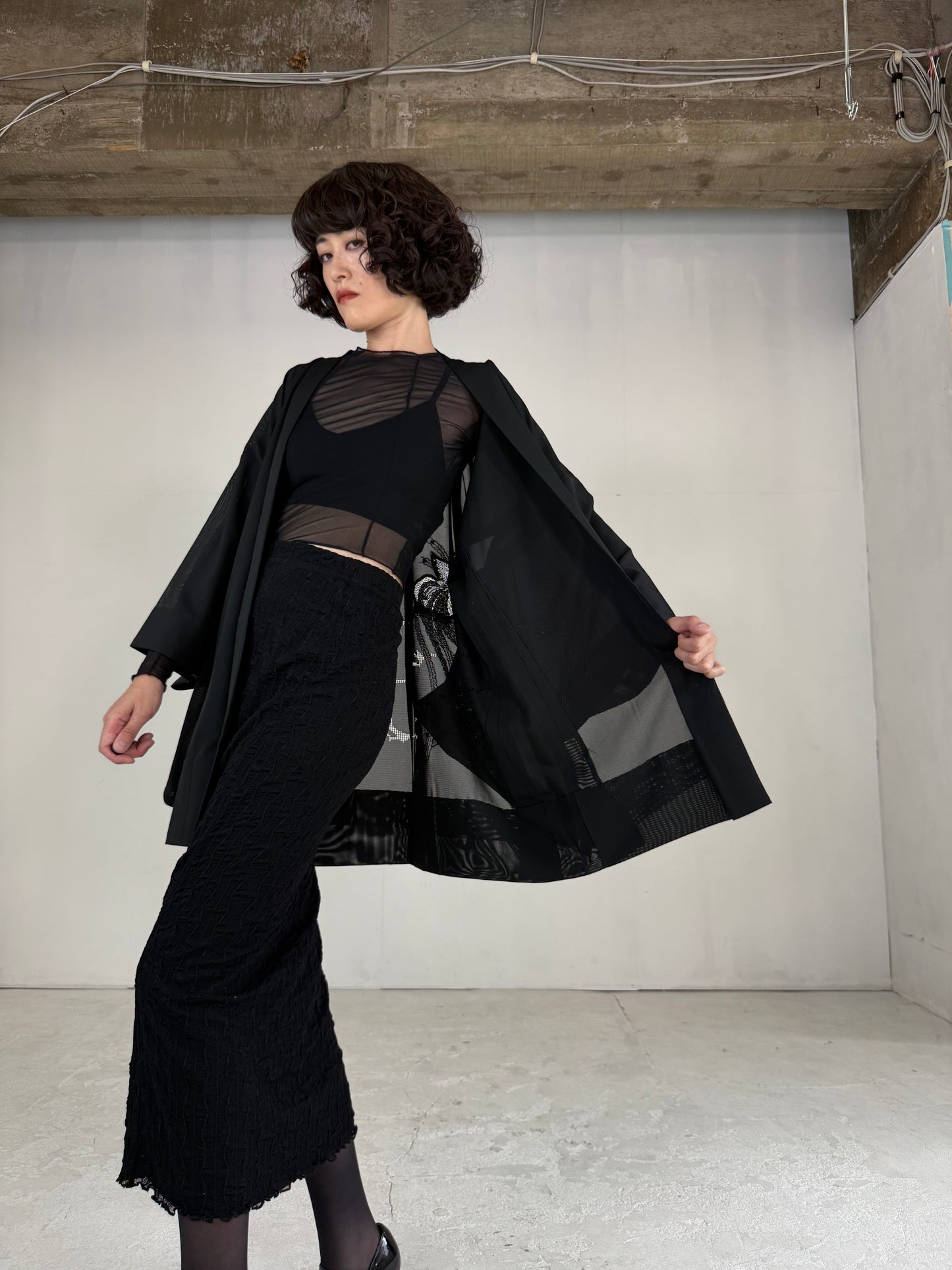 VINTAGE BLACK HAORI SHEER “ro, lace, kujaku"