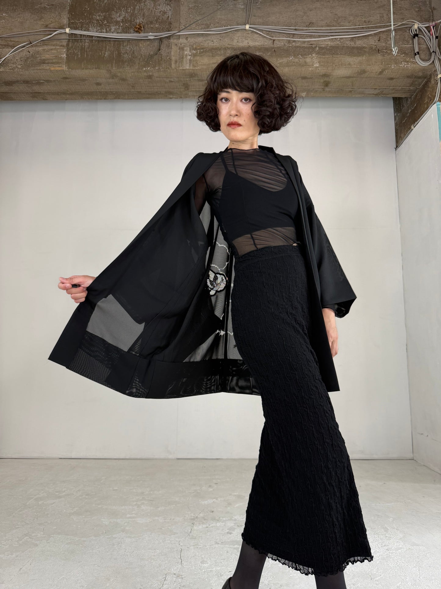 VINTAGE BLACK HAORI SHEER “ro, lace, kujaku"