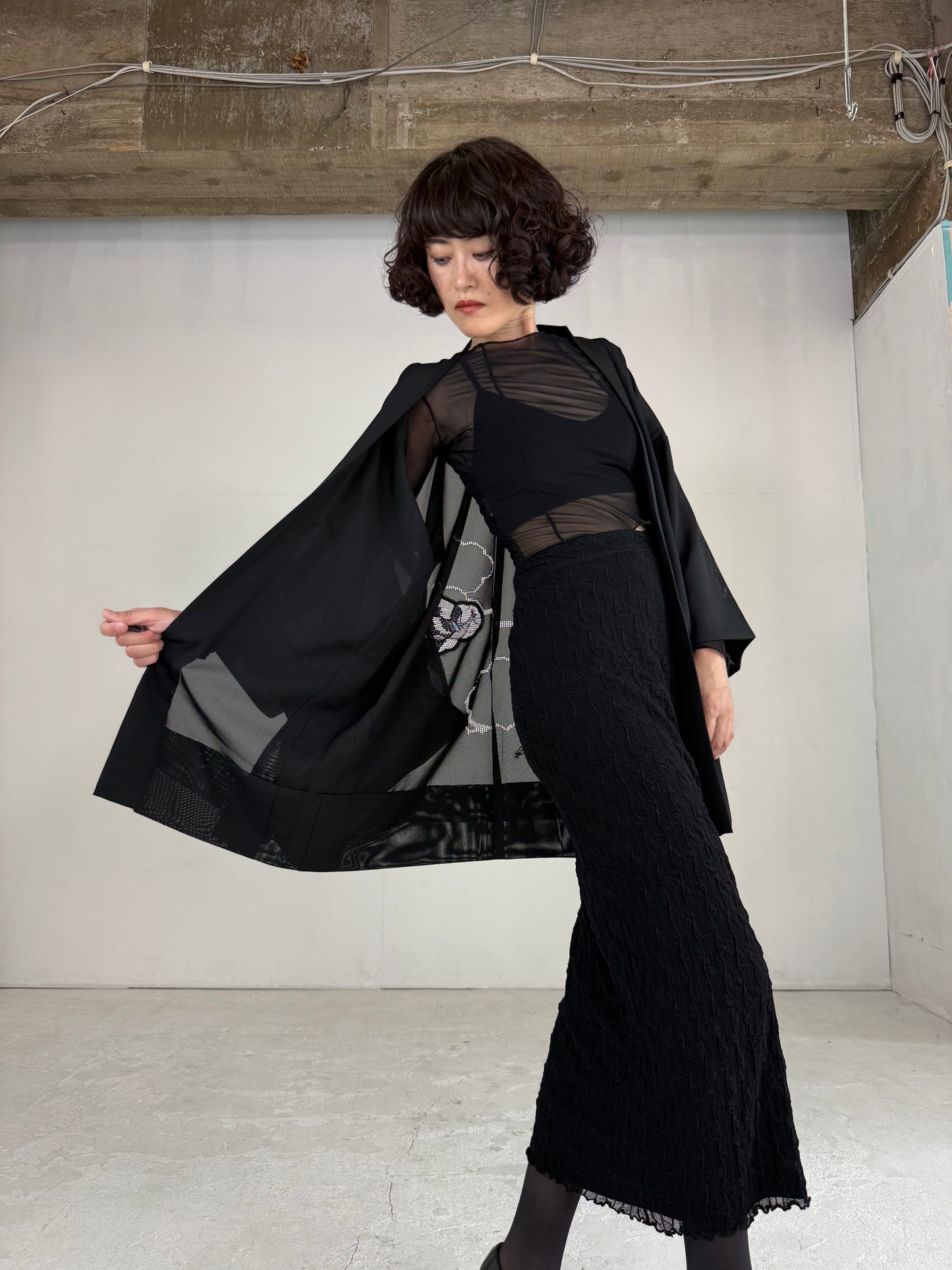 VINTAGE BLACK HAORI SHEER “ro, lace, kujaku"