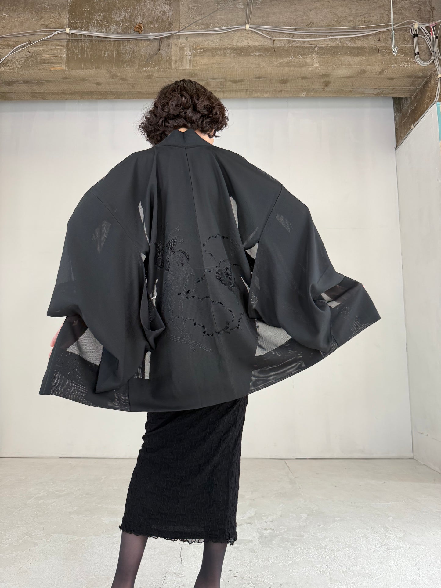 VINTAGE BLACK HAORI SHEER “ro, lace, kujaku"