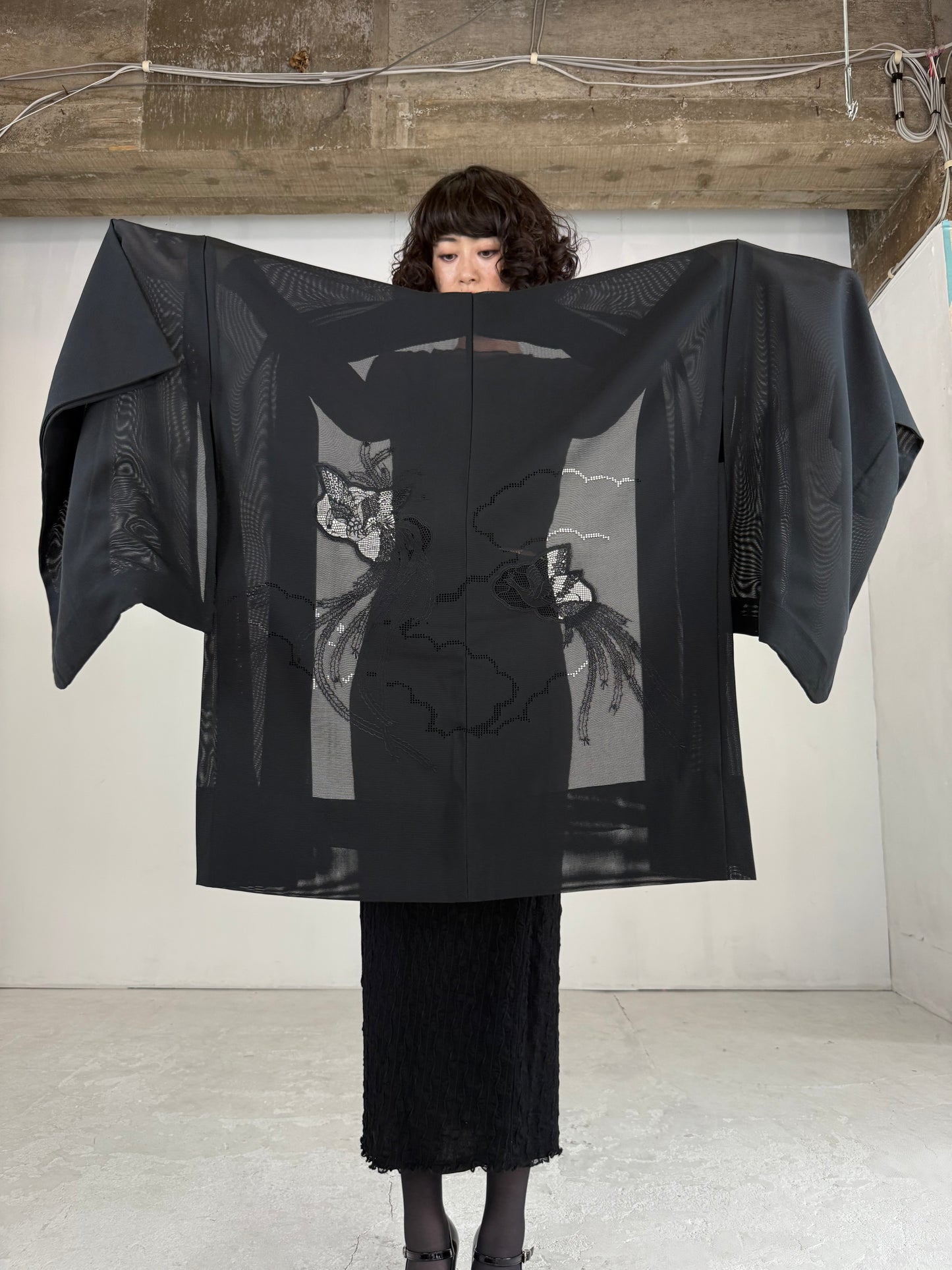 VINTAGE BLACK HAORI SHEER “ro, lace, kujaku"