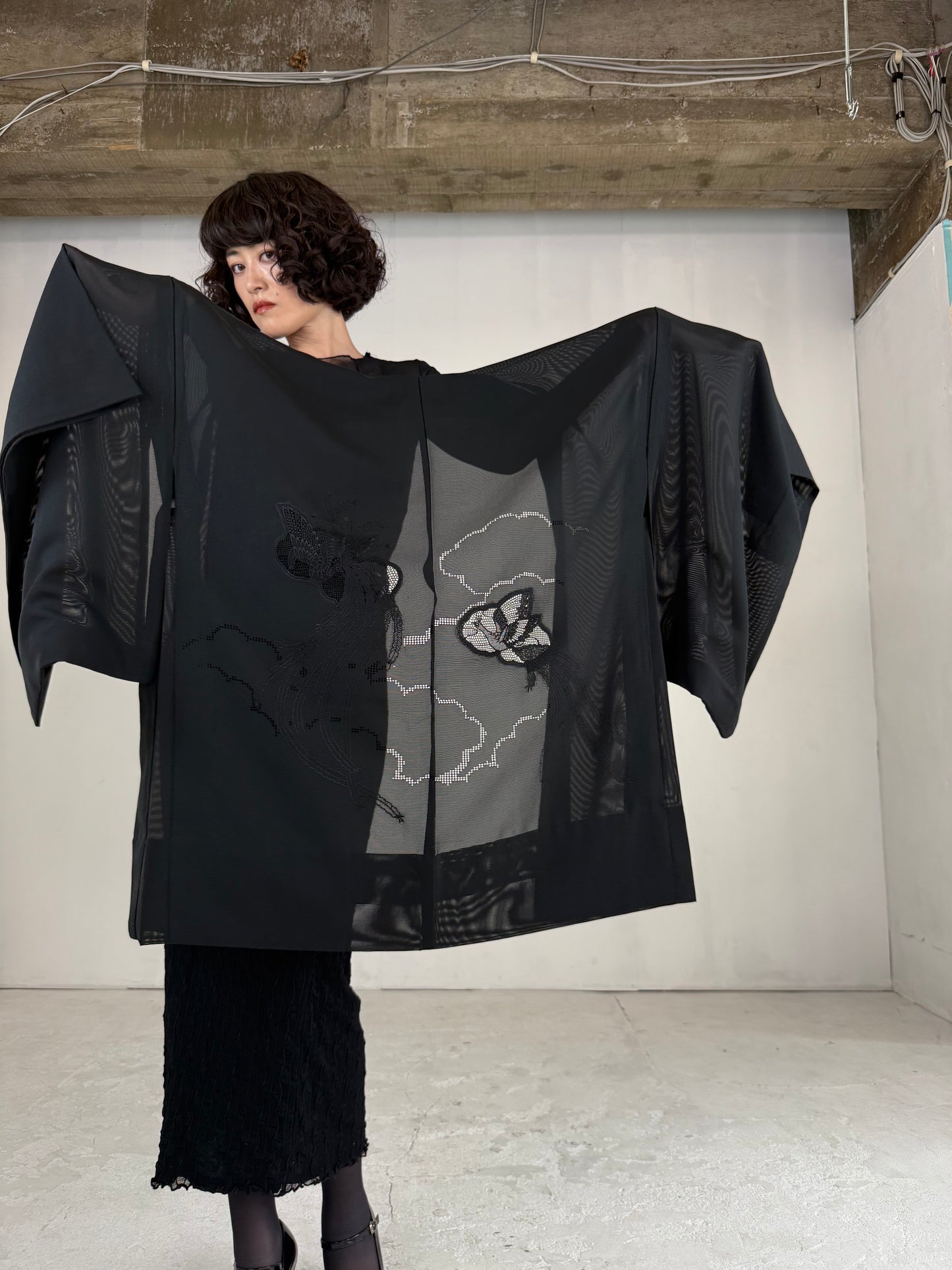 VINTAGE BLACK HAORI SHEER “ro, lace, kujaku"