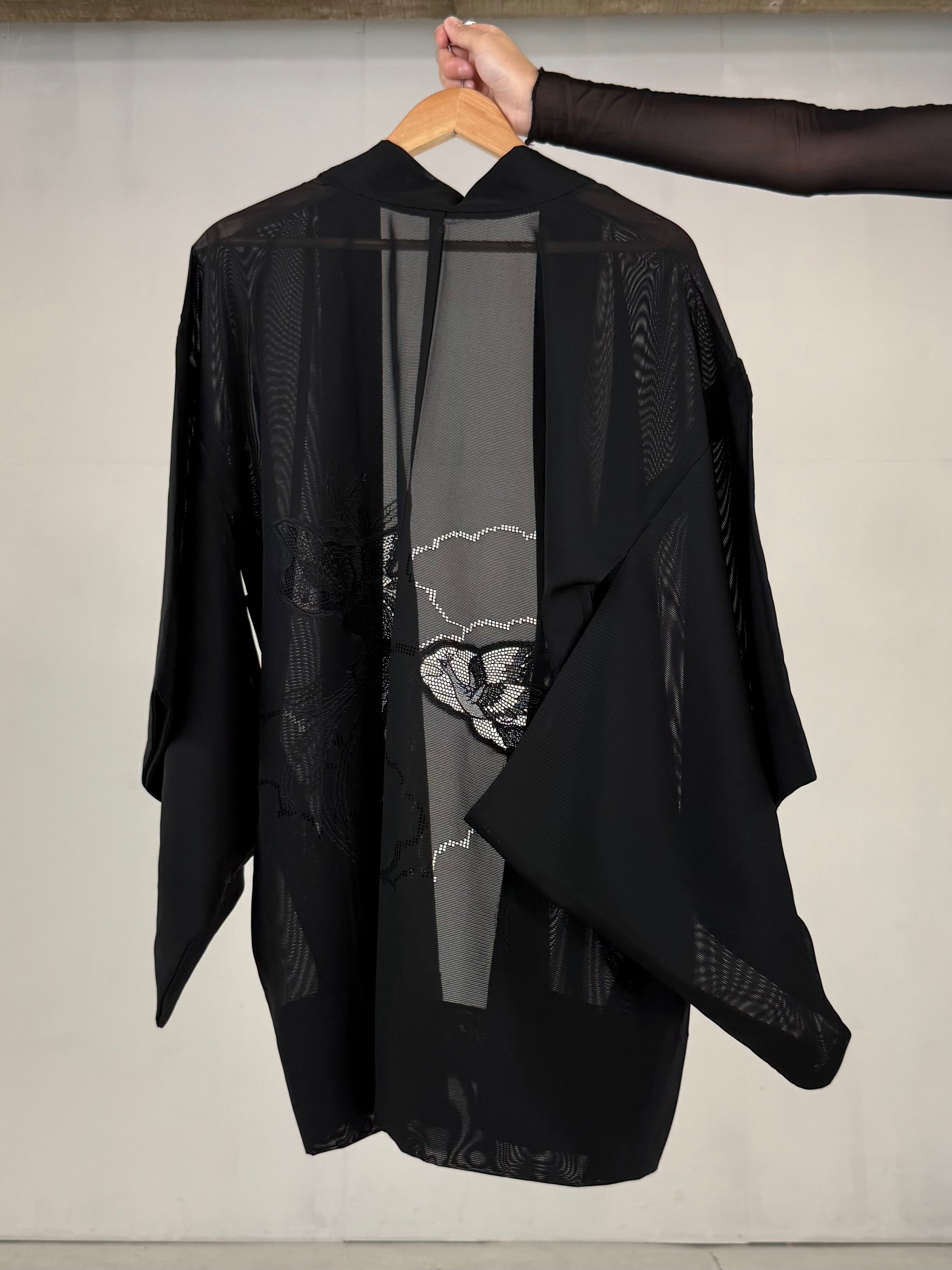 VINTAGE BLACK HAORI SHEER “ro, lace, kujaku