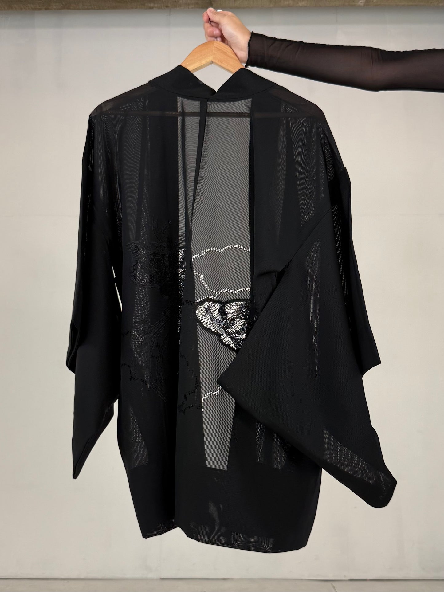 VINTAGE BLACK HAORI SHEER “ro, lace, kujaku"