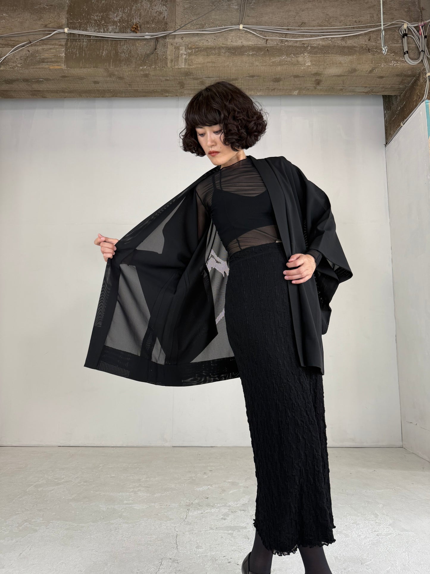 VINTAGE BLACK HAORI SHEER “ro, mountain"