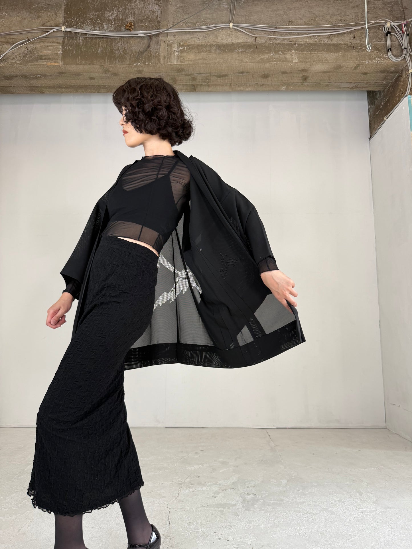 VINTAGE BLACK HAORI SHEER “ro, mountain"