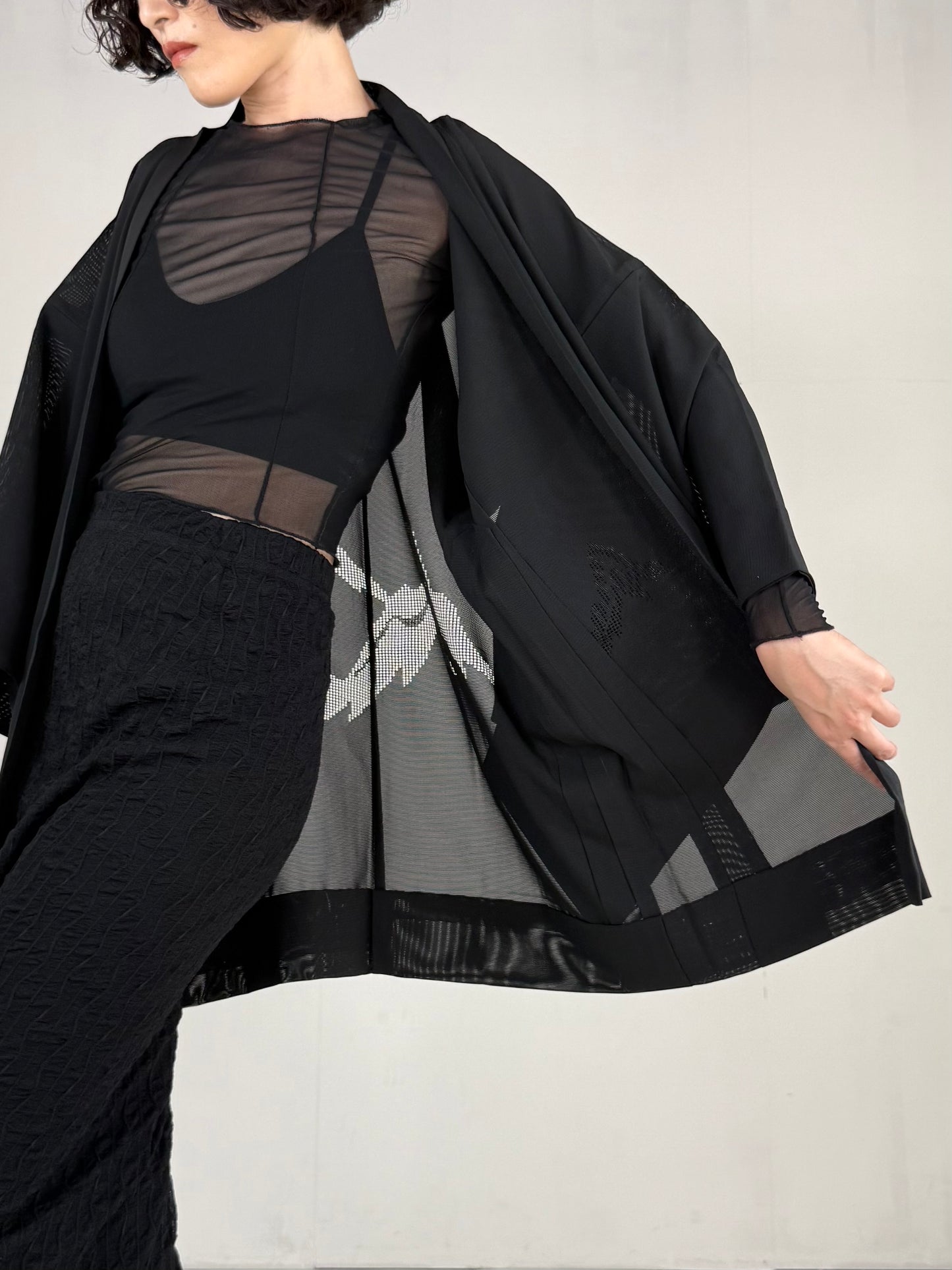 VINTAGE BLACK HAORI SHEER “ro, mountain"