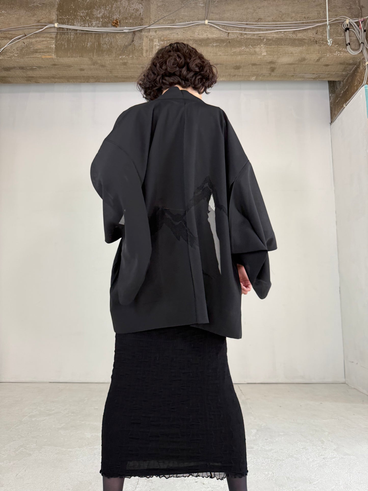 VINTAGE BLACK HAORI SHEER “ro, mountain"