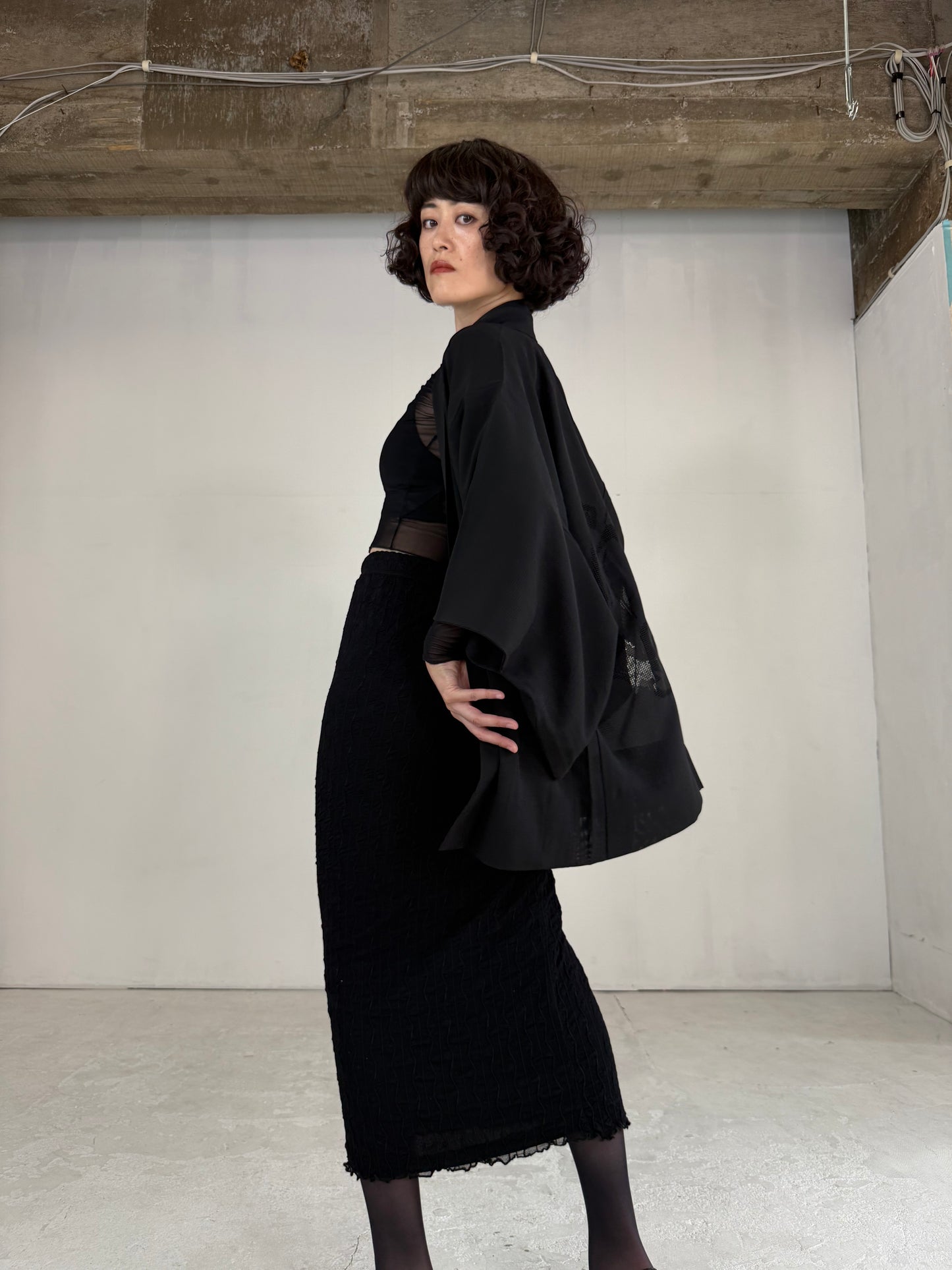 VINTAGE BLACK HAORI SHEER “ro, mizushibuki"