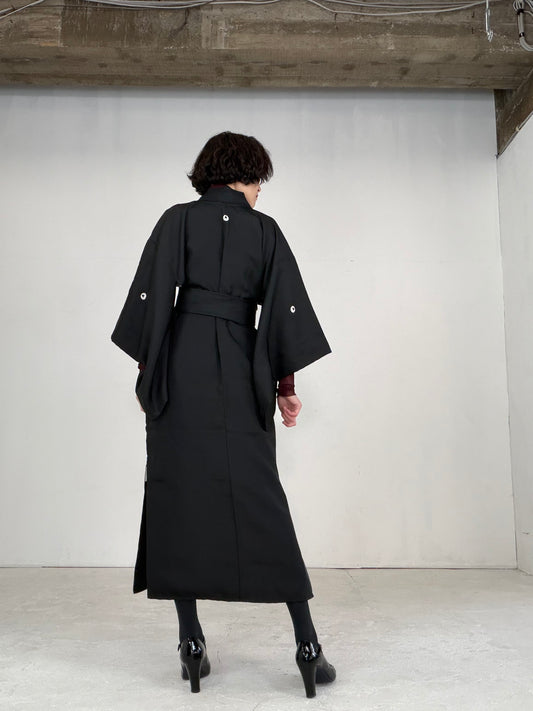 Kimono dress gown and string belt upcycled from Japanese kimono "BLACK KIMONO, agari-fuji, DRE010"