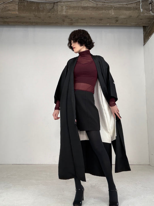 Kimono dress gown and string belt upcycled from Japanese kimono "BLACK KIMONO, agari-fuji, DRE010"