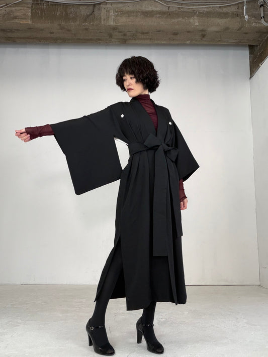 Kimono dress gown and string belt upcycled from Japanese kimono "BLACK KIMONO, chigai-taka-no-ha, DRE011"