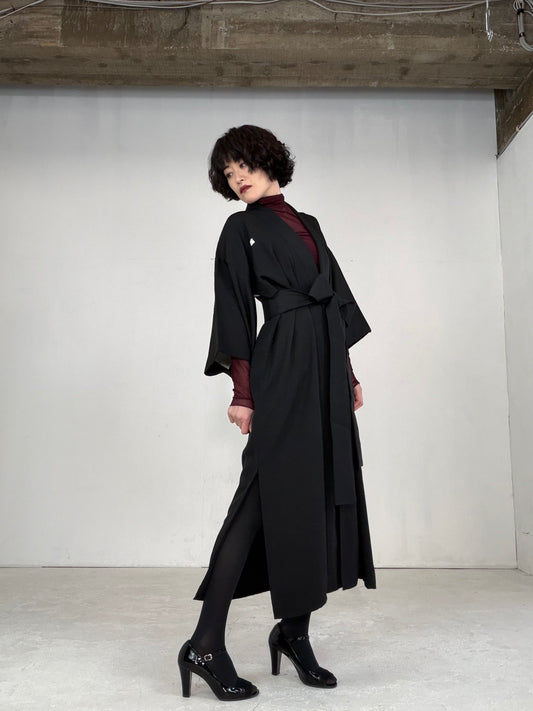Kimono dress gown and string belt upcycled from Japanese kimono "BLACK KIMONO, chigai-taka-no-ha, DRE011"