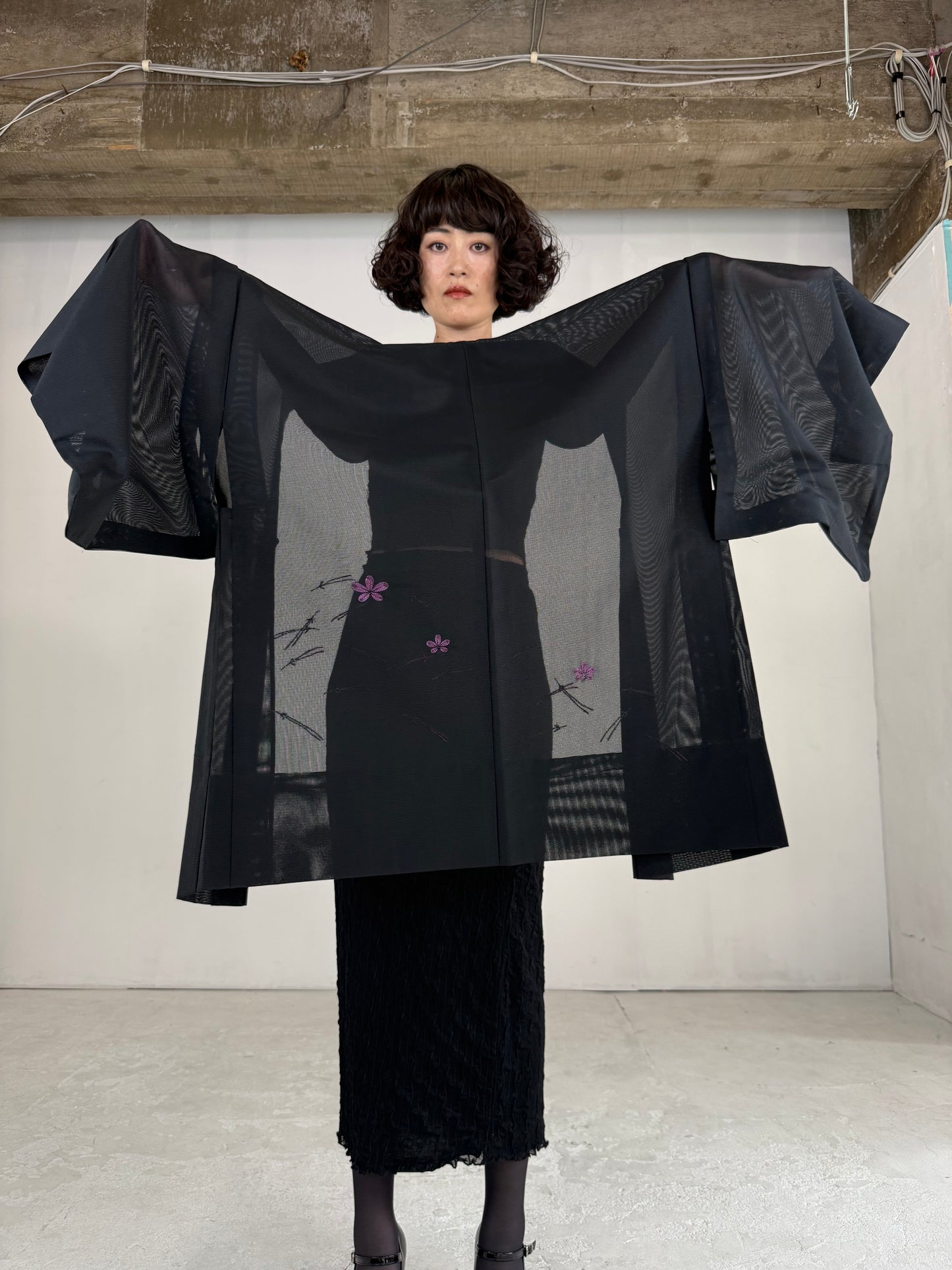 VINTAGE BLACK HAORI SHEER “ro, flower, embroidery"