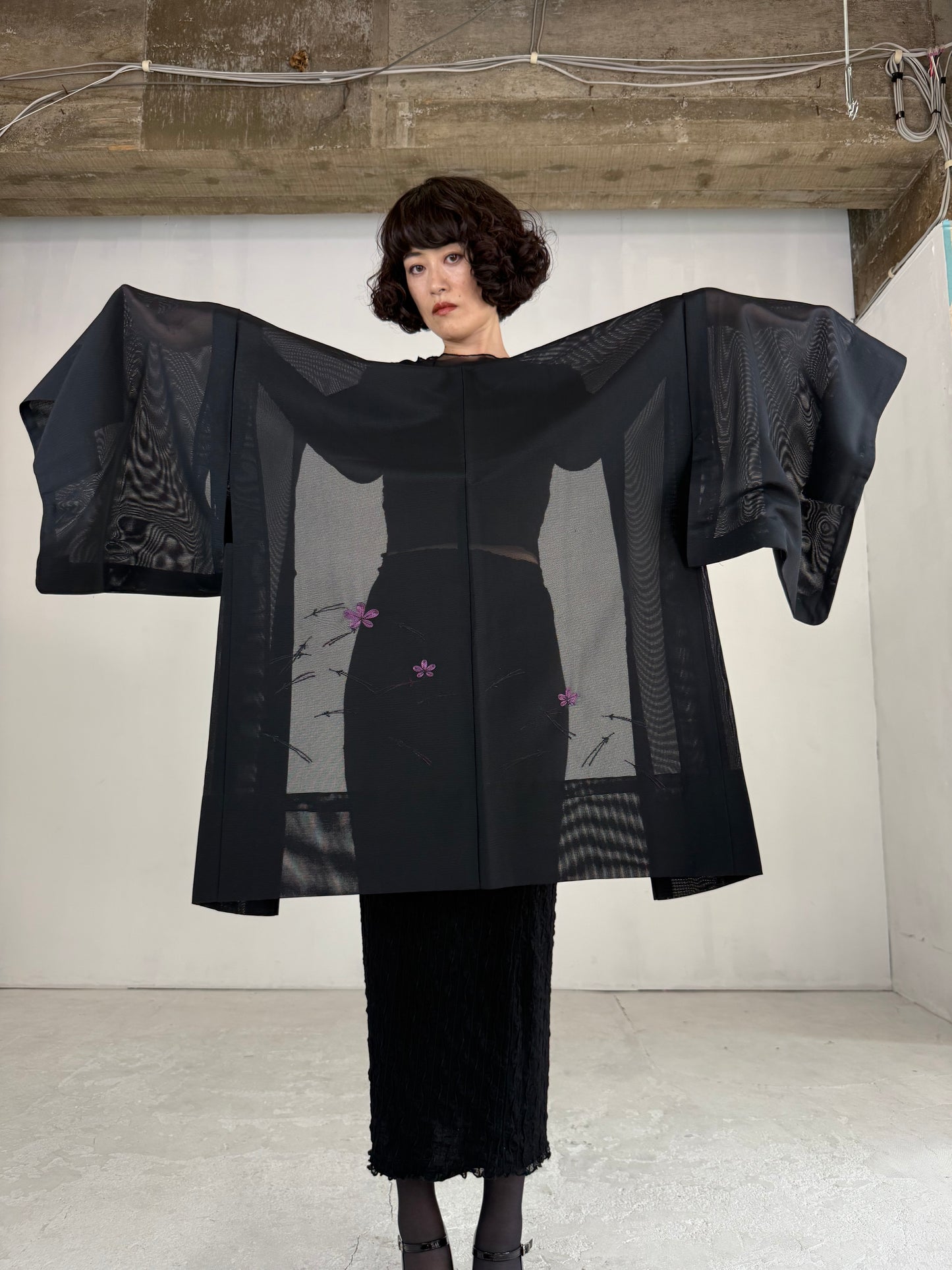 VINTAGE BLACK HAORI SHEER “ro, flower, embroidery"