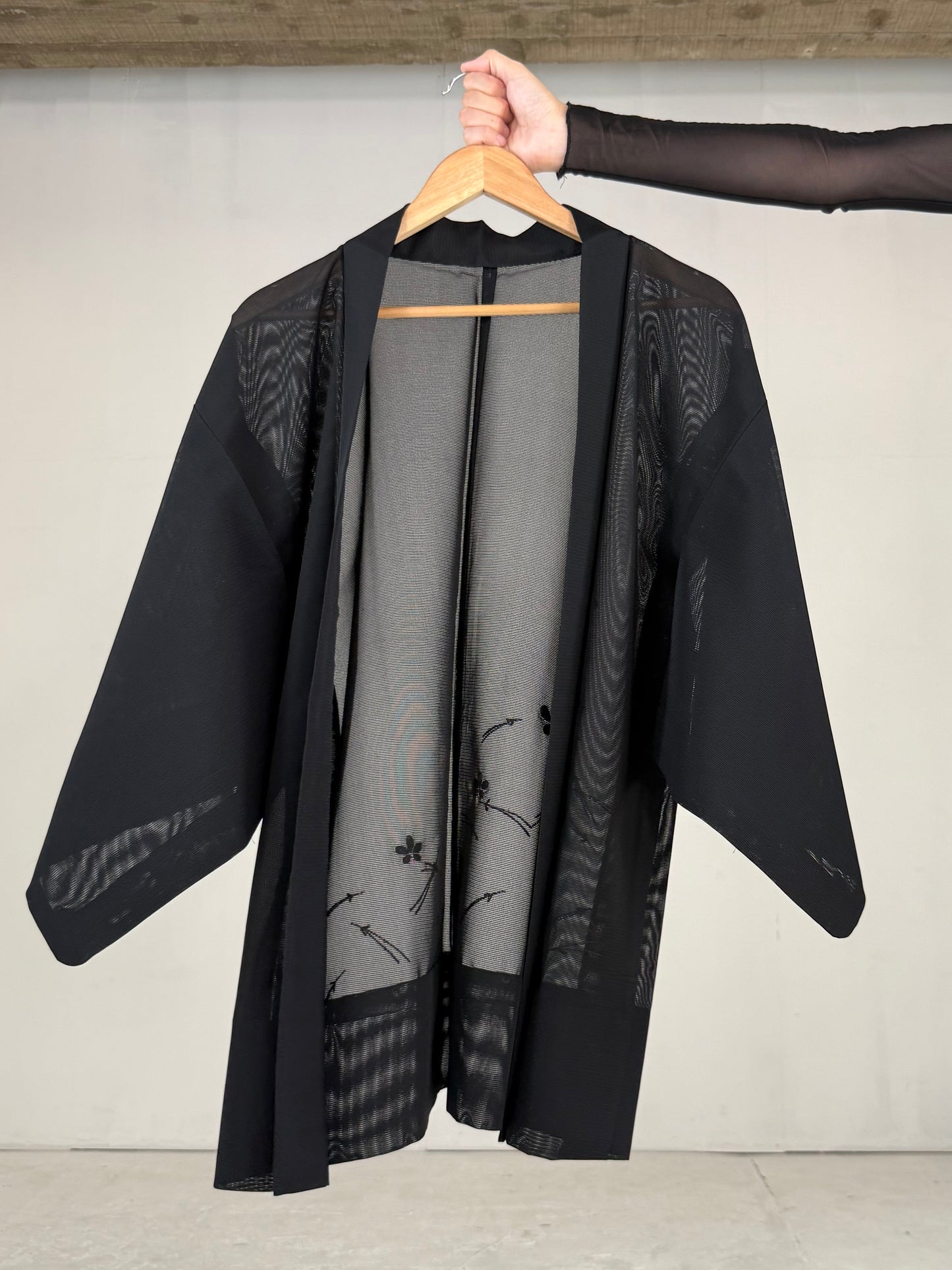 VINTAGE BLACK HAORI SHEER “ro, flower, embroidery"