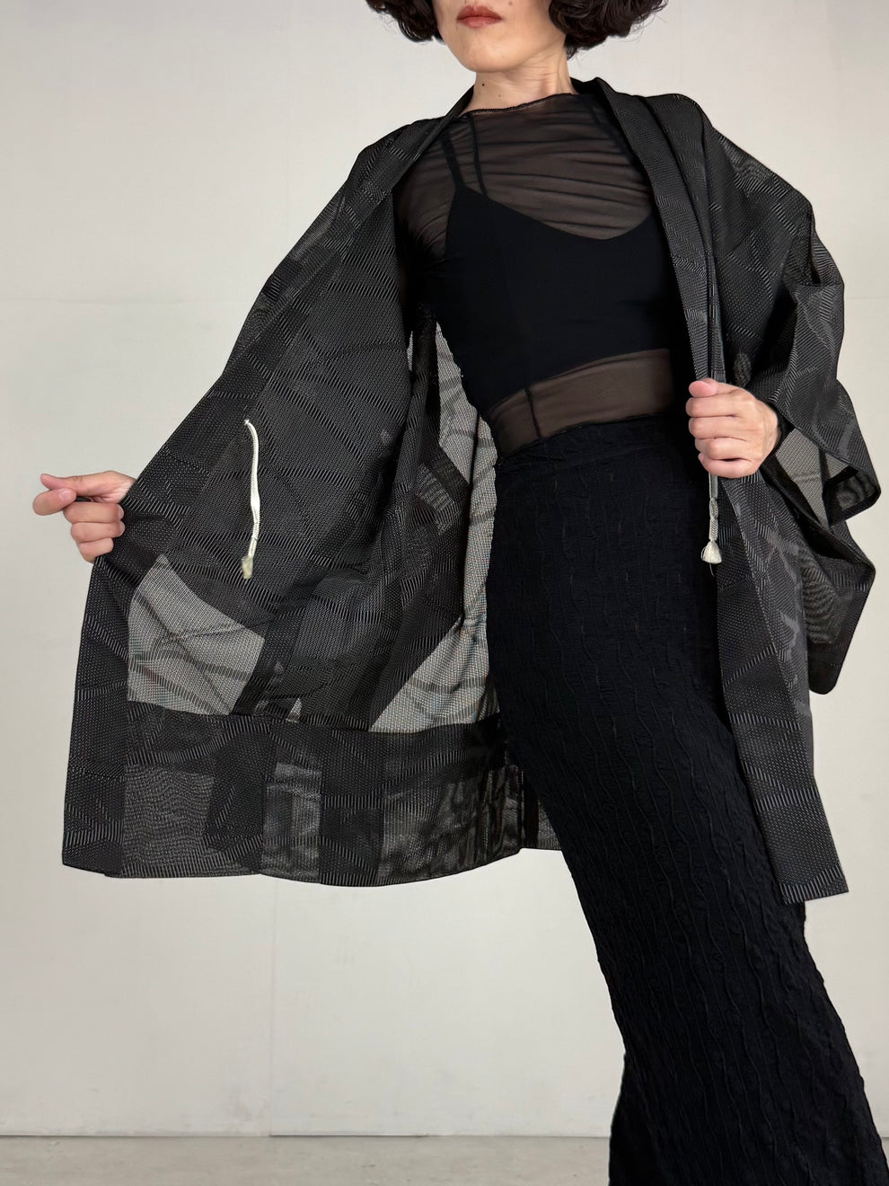 VINTAGE BLACK HAORI SHEER “wave, SHH001