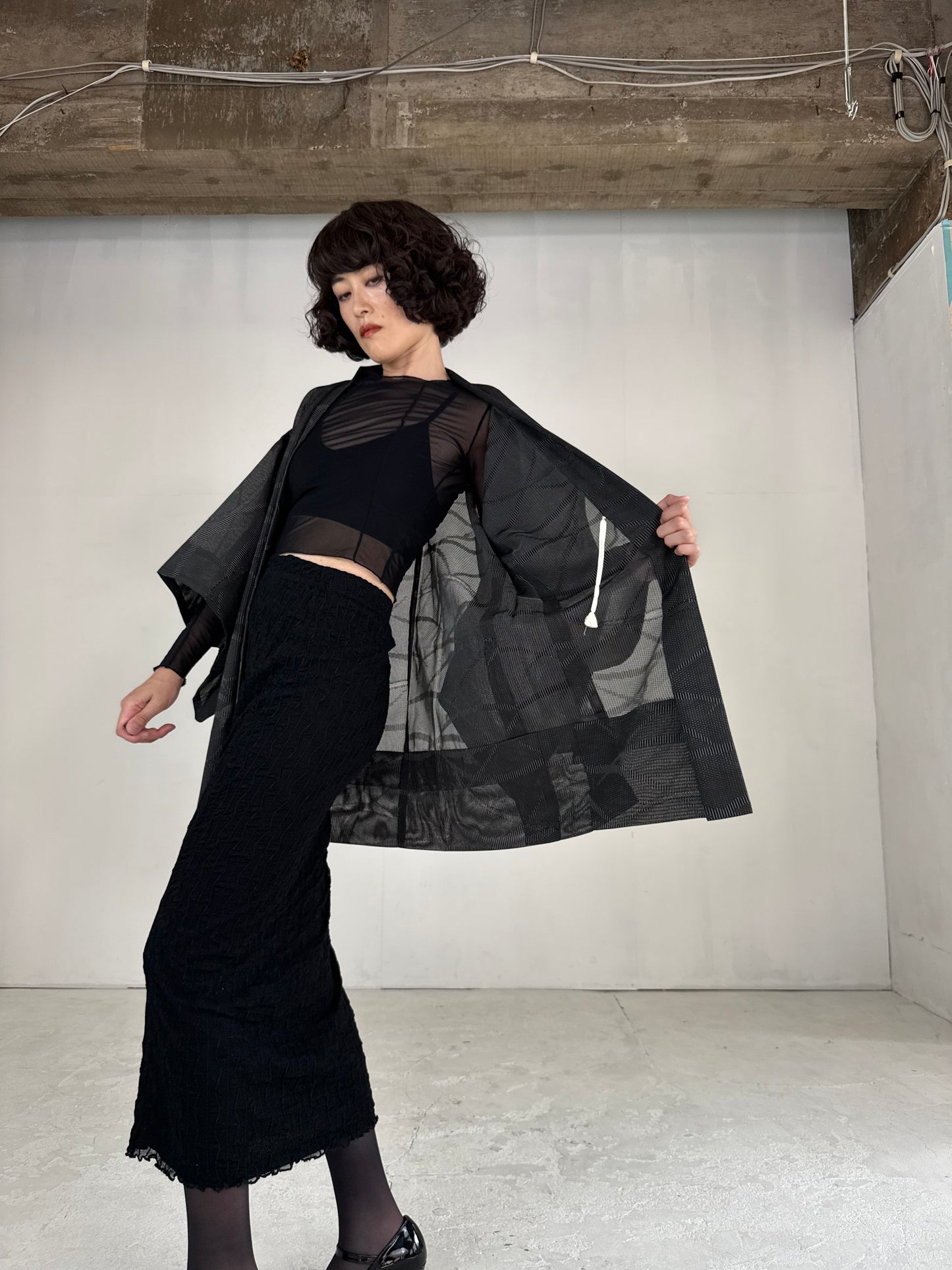 VINTAGE BLACK HAORI SHEER “wave"