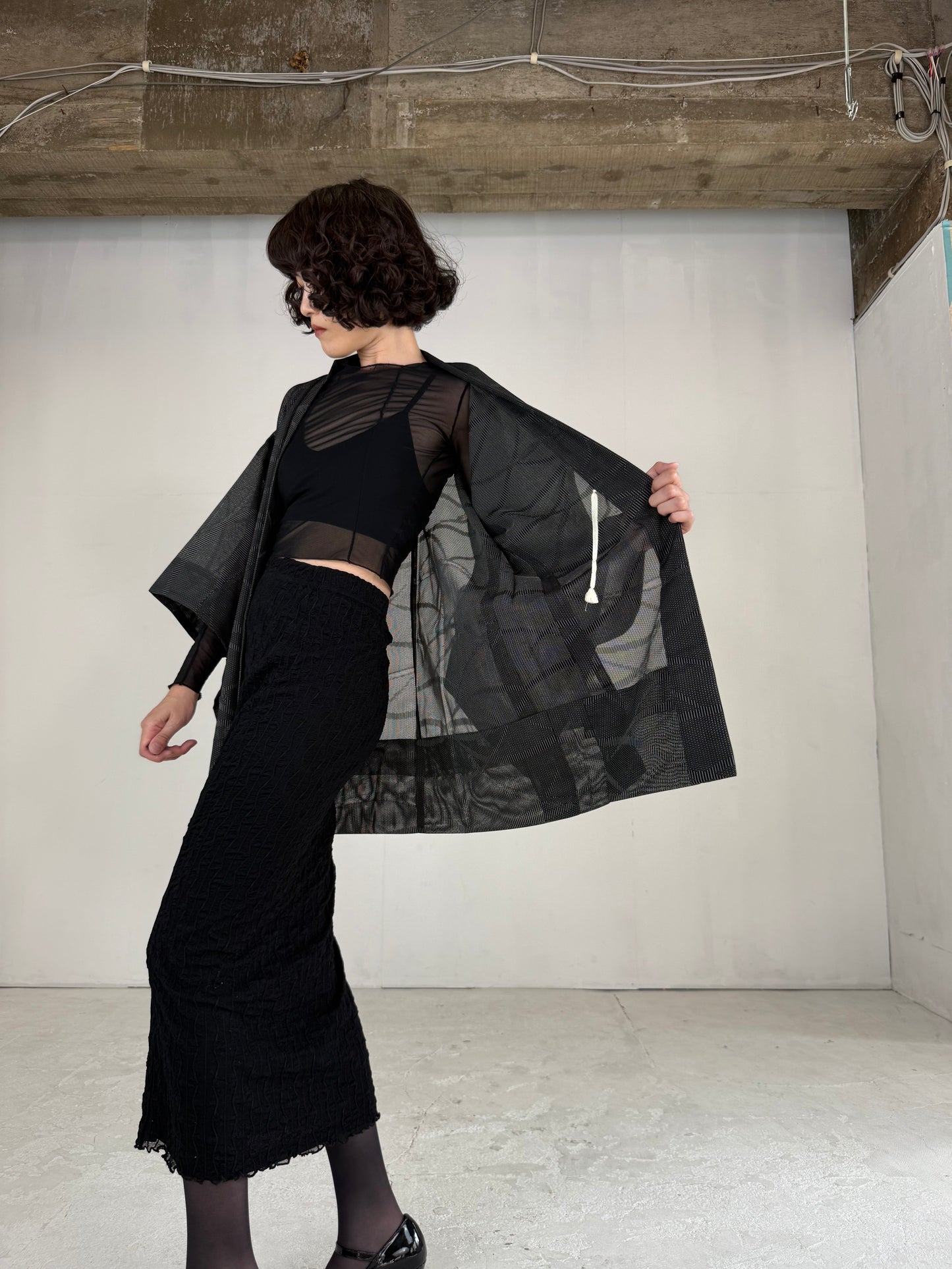 VINTAGE BLACK HAORI SHEER “wave"