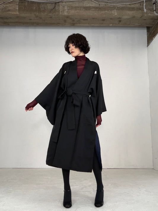 Kimono dress gown and string belt upcycled from Japanese kimono "KUROMONTSUKI KIMONO, DRE013"