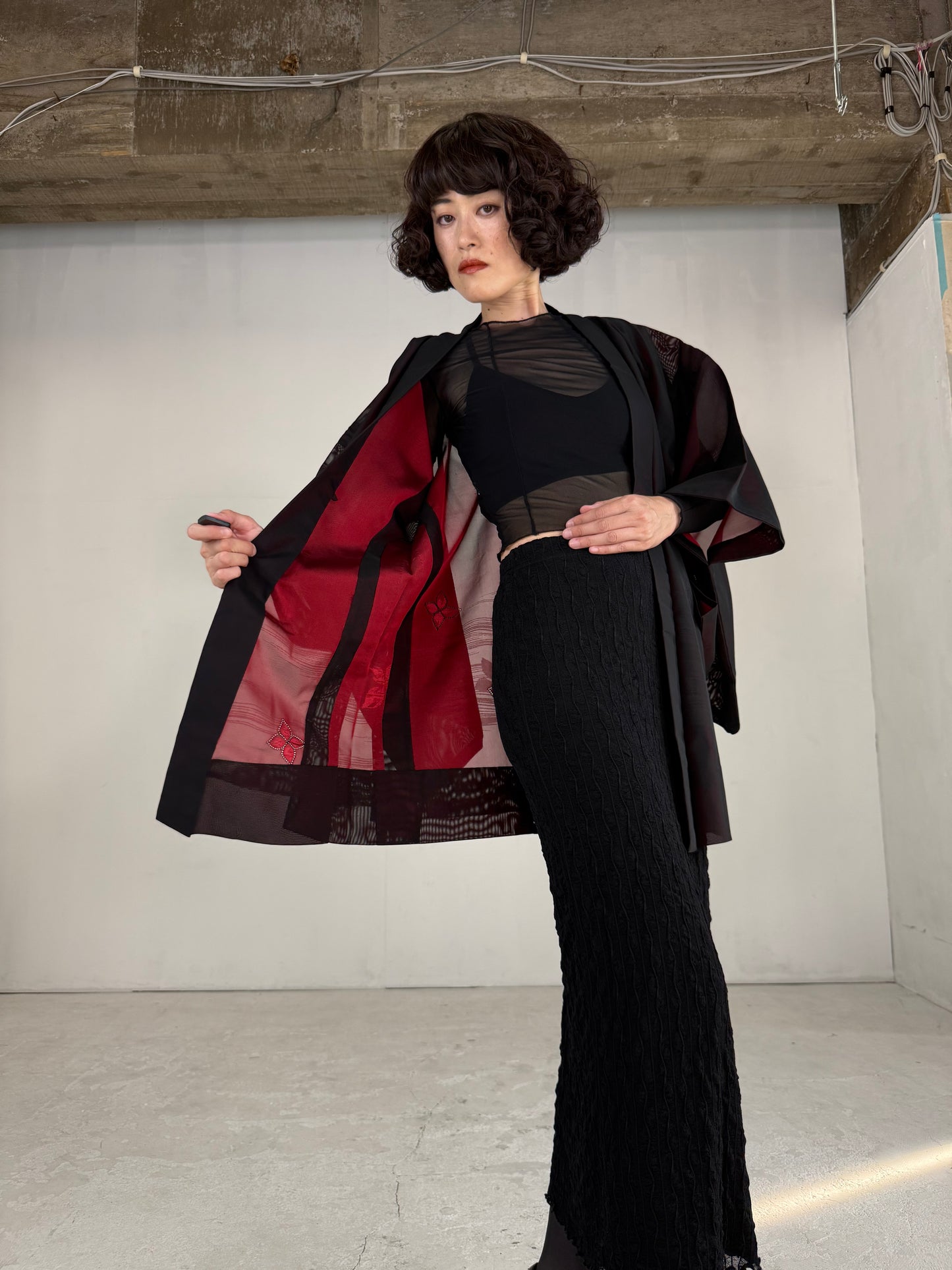 VINTAGE BLACK HAORI SHEER “sha, red, hana"