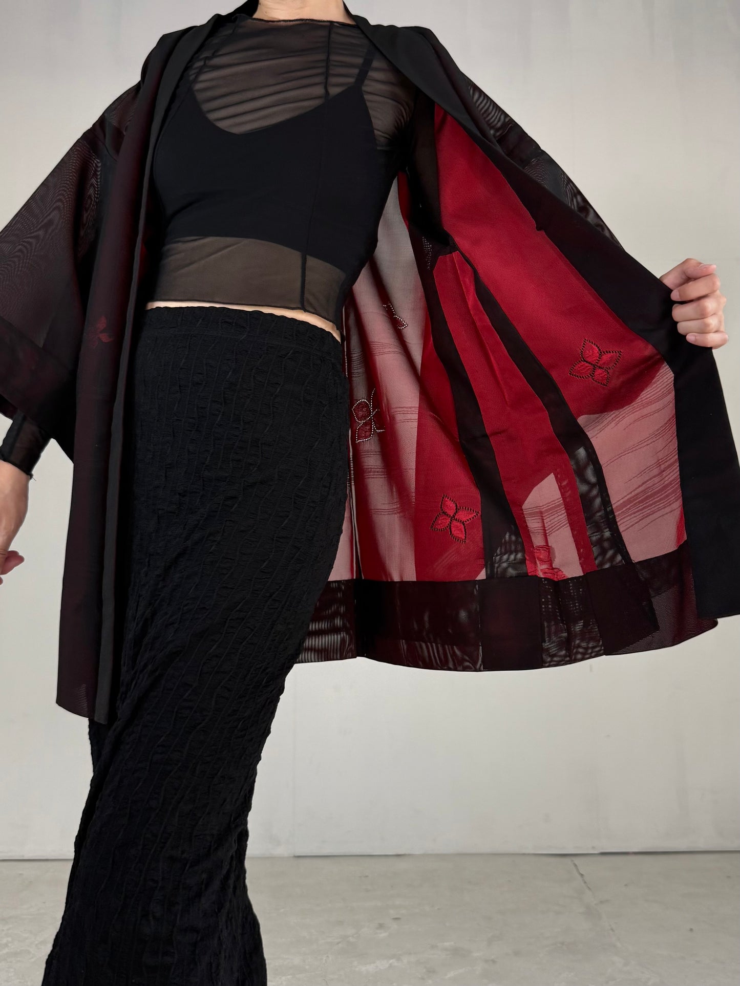 VINTAGE BLACK HAORI SHEER “sha, red, hana"