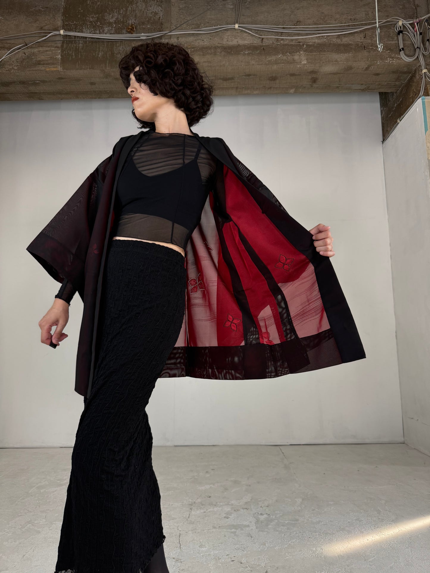VINTAGE BLACK HAORI SHEER “sha, red, hana"