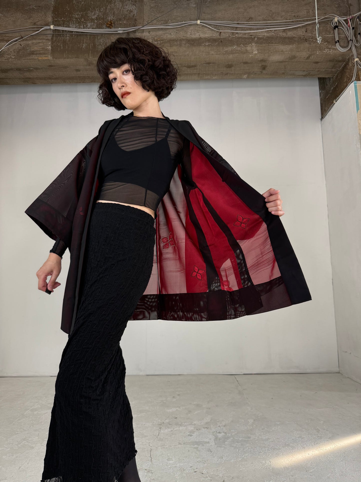 VINTAGE BLACK HAORI SHEER “sha, red, hana"