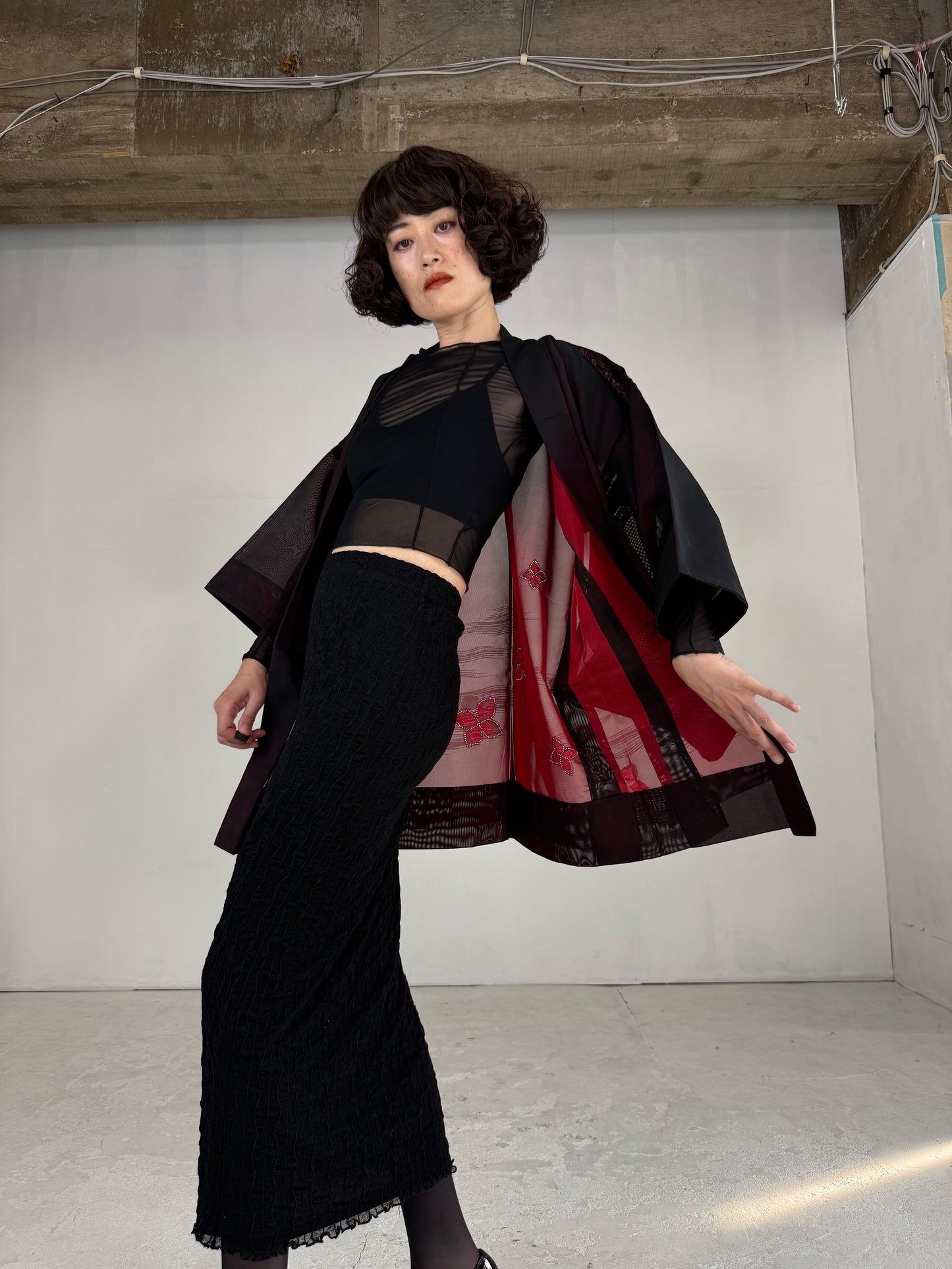 VINTAGE BLACK HAORI SHEER “sha, red, hana"